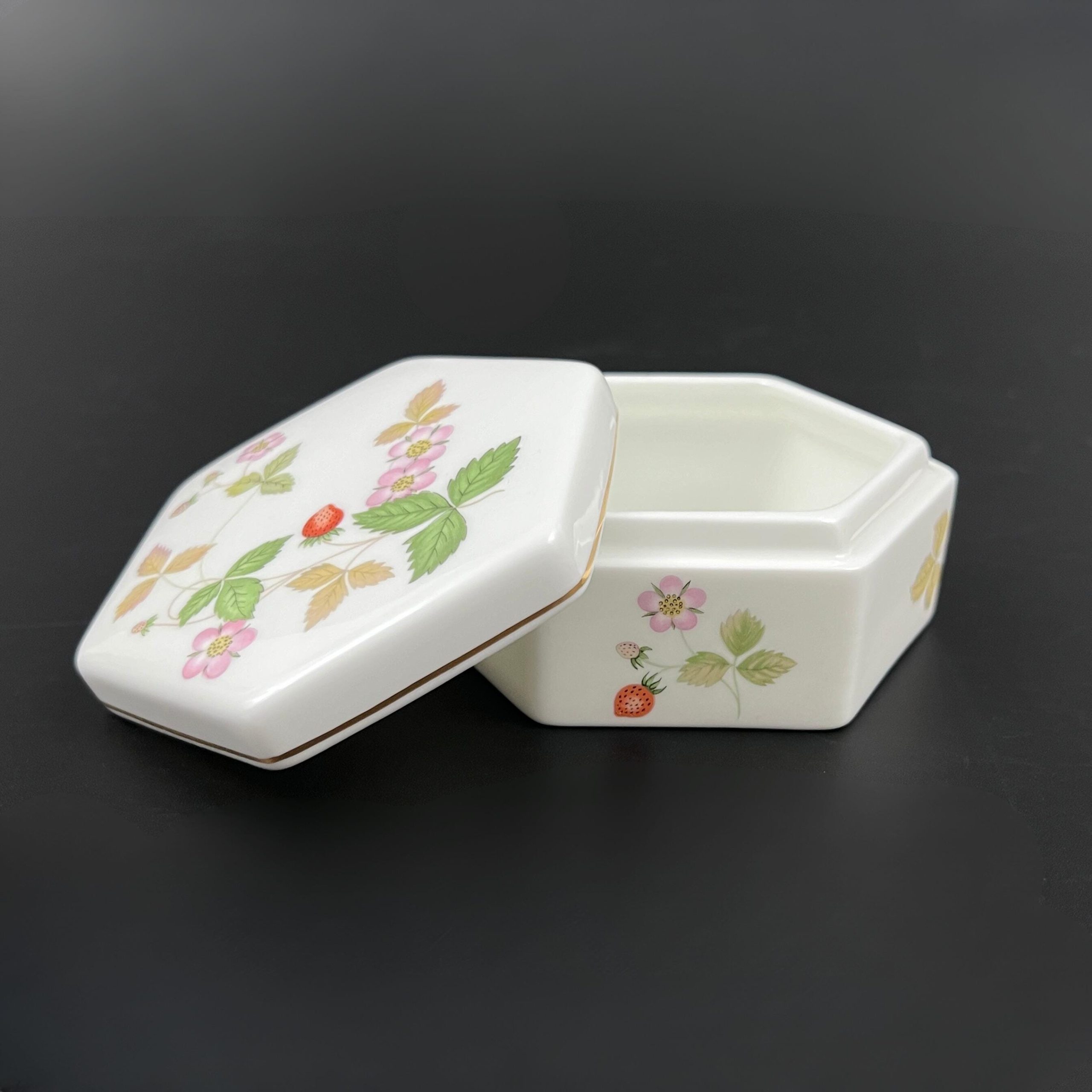 Vintage Wedgwood Wild Strawberry Trinket Box: Hexagonal Bone China