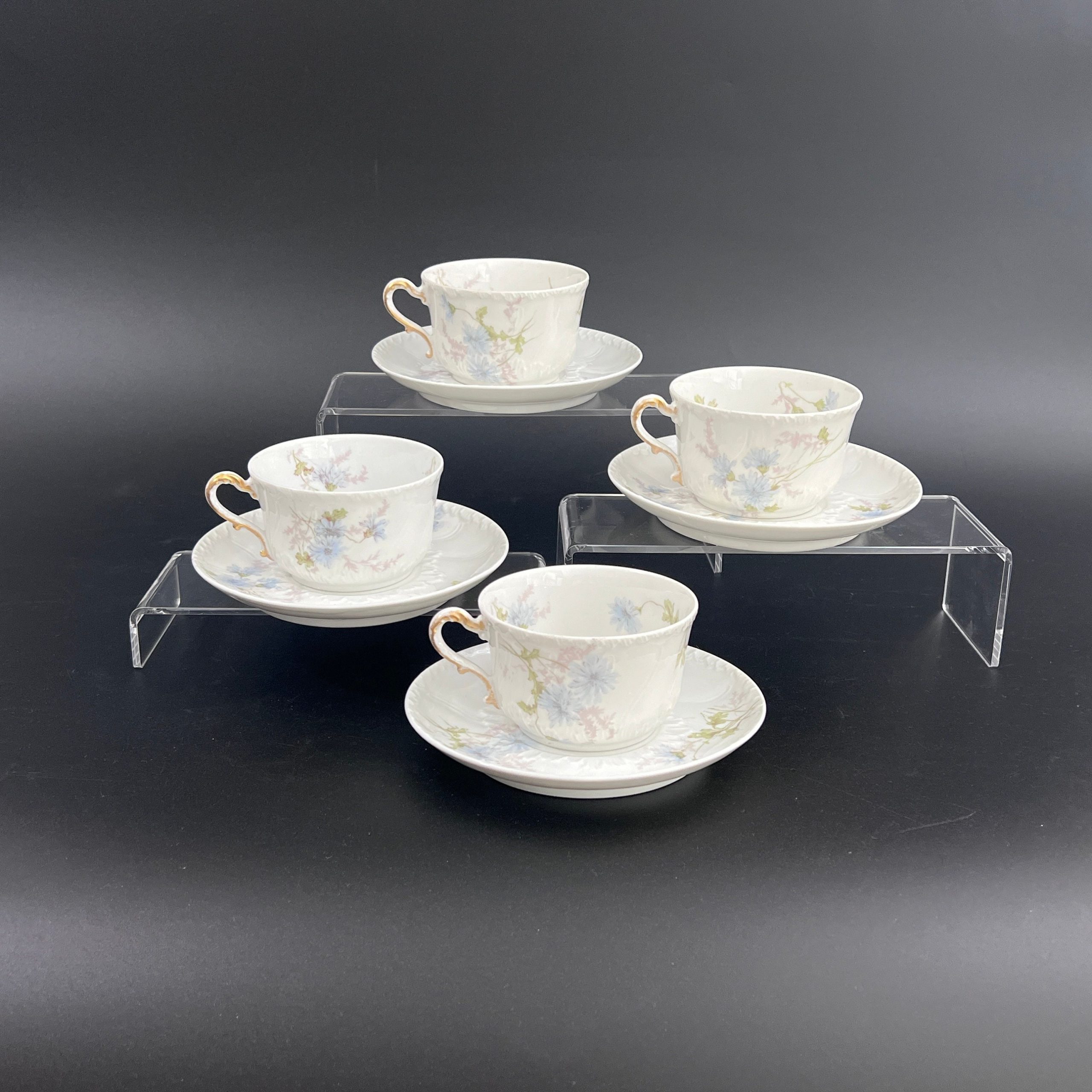 Antique Haviland Limoges Teacups & Saucers: Floral Schleiger 378b Pattern, Set of 4