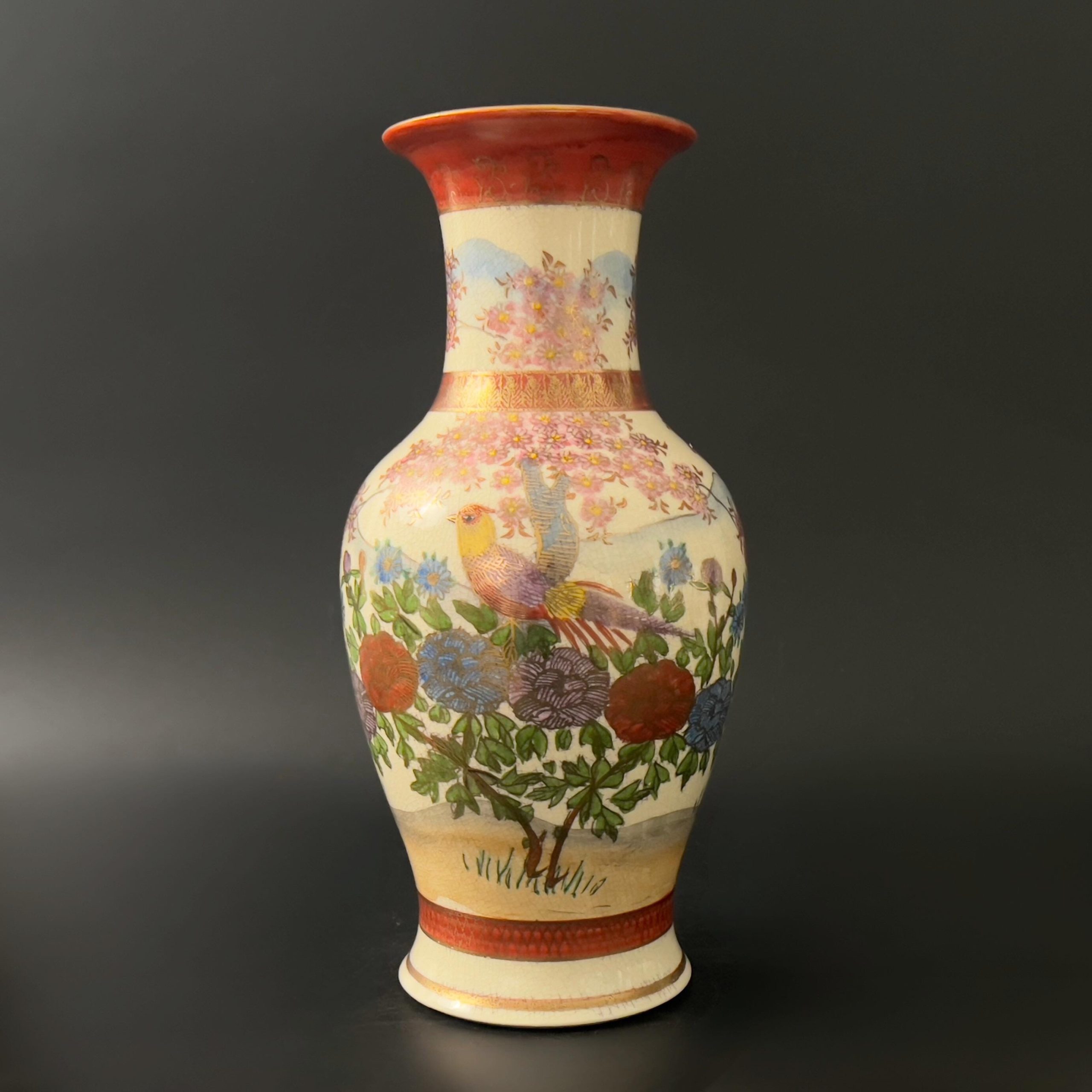 Vintage Satsuma Vase: Hand-Painted Japanese Pottery, Shimazu Clan Mon, 12"