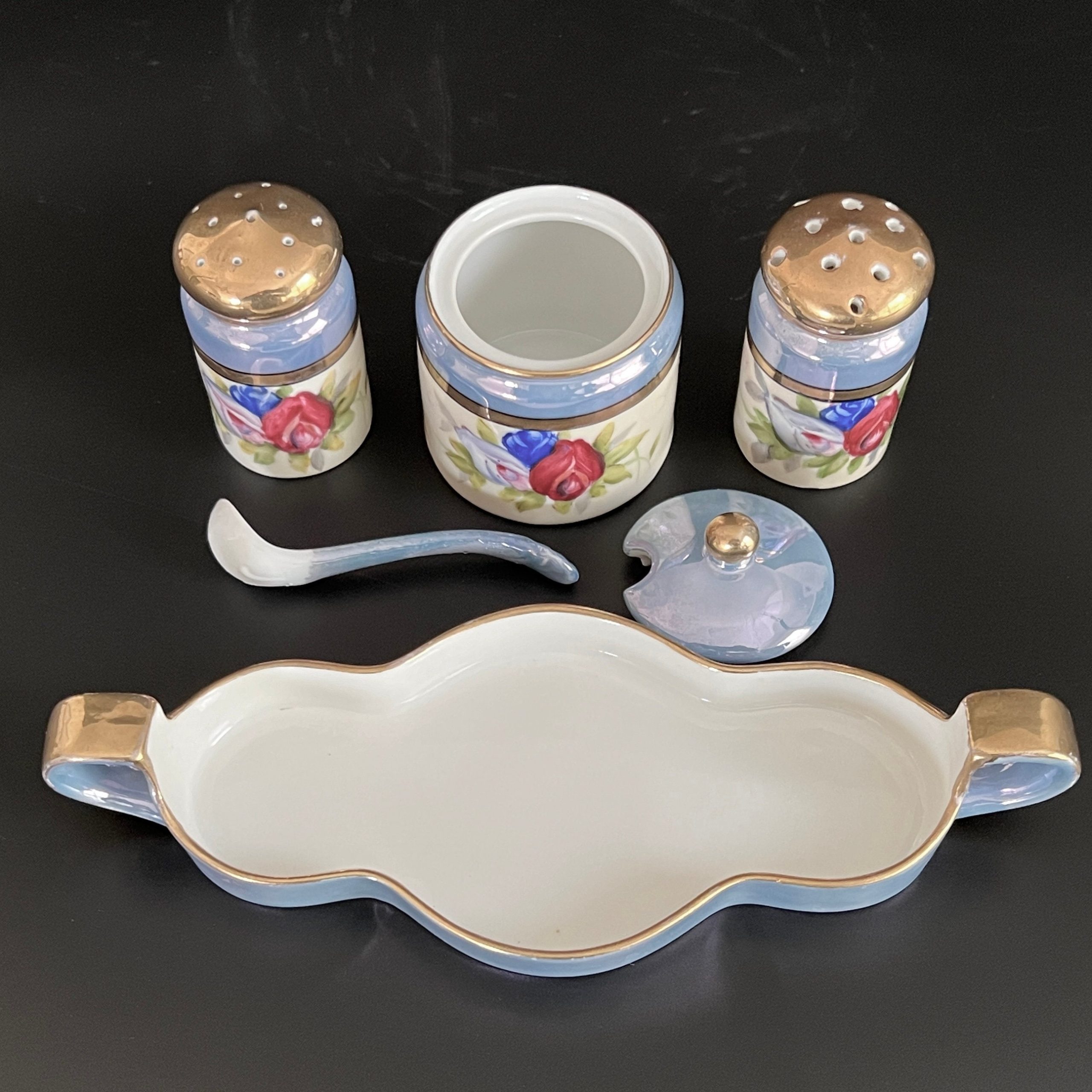 Antique Noritake Lusterware Condiment Set: Hand-Painted Floral Art Deco - Image 3
