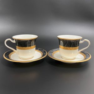 Vintage Noritake Tea Cups and Saucers: Art Deco Black Gold Opulence, Set of Two