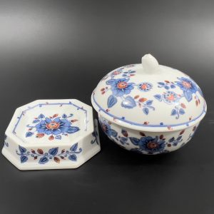 Vintage Estee Lauder Porcelain Vanity Set: Blue Floral Powder Jar & Soap Dish
