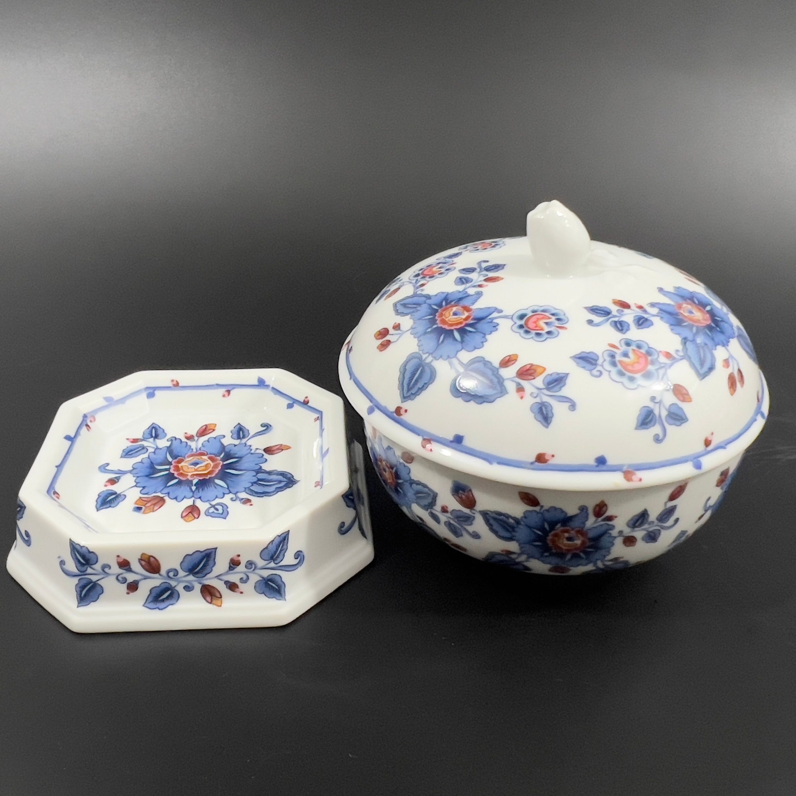 Vintage Estee Lauder Porcelain Vanity Set: Blue Floral Powder Jar & Soap Dish