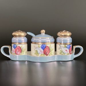 Antique Noritake Lusterware Condiment Set: Hand-Painted Floral Art Deco