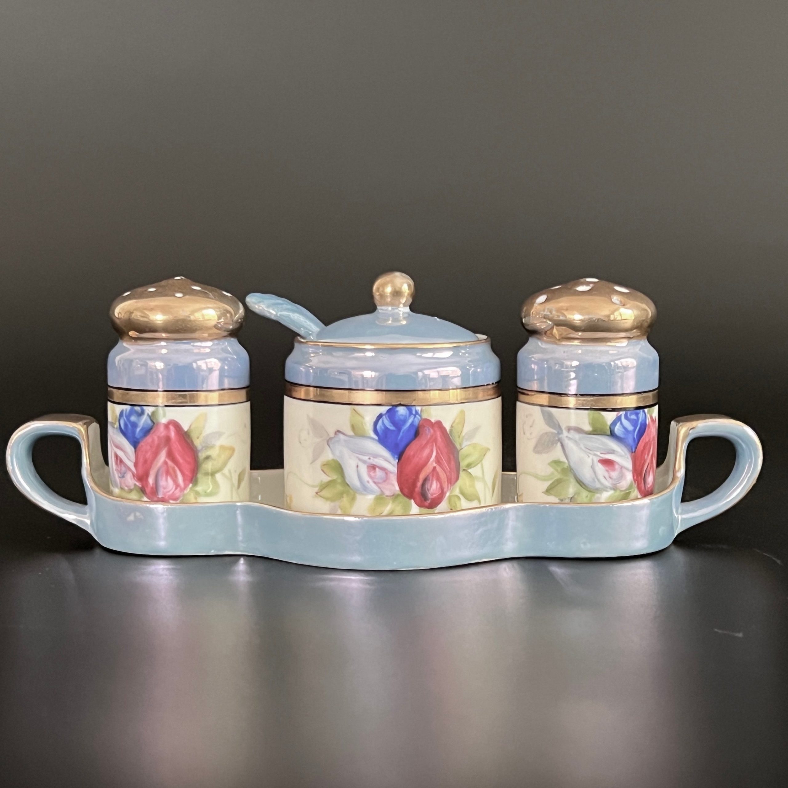 Antique Noritake Lusterware Condiment Set: Hand-Painted Floral Art Deco