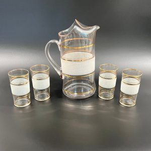 Midcentury Pitcher and Tumblers: Gold Frost Banded Barware Set