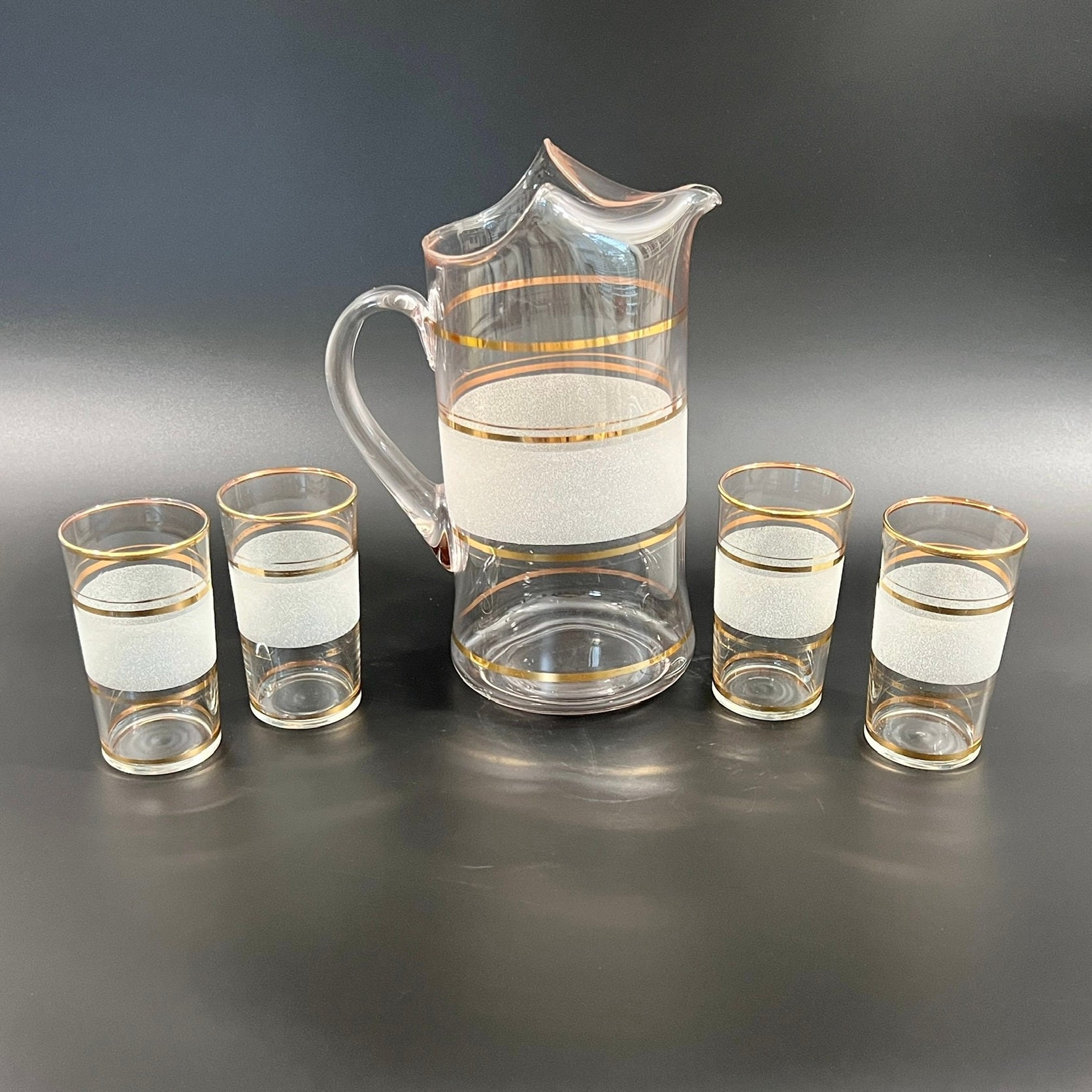 Midcentury Pitcher and Tumblers: Gold Frost Banded Barware Set