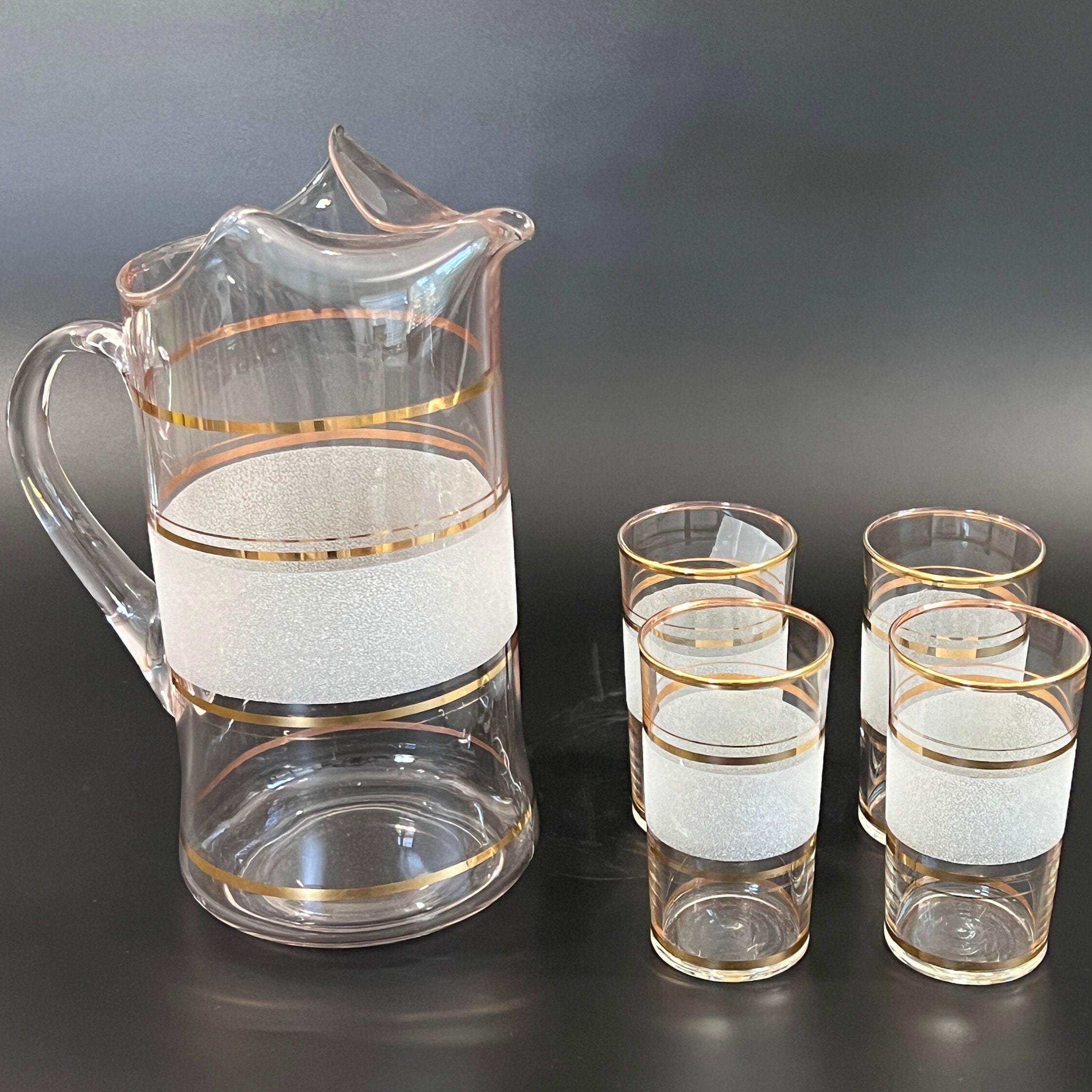 Midcentury Pitcher and Tumblers: Gold Frost Banded Barware Set - Image 3