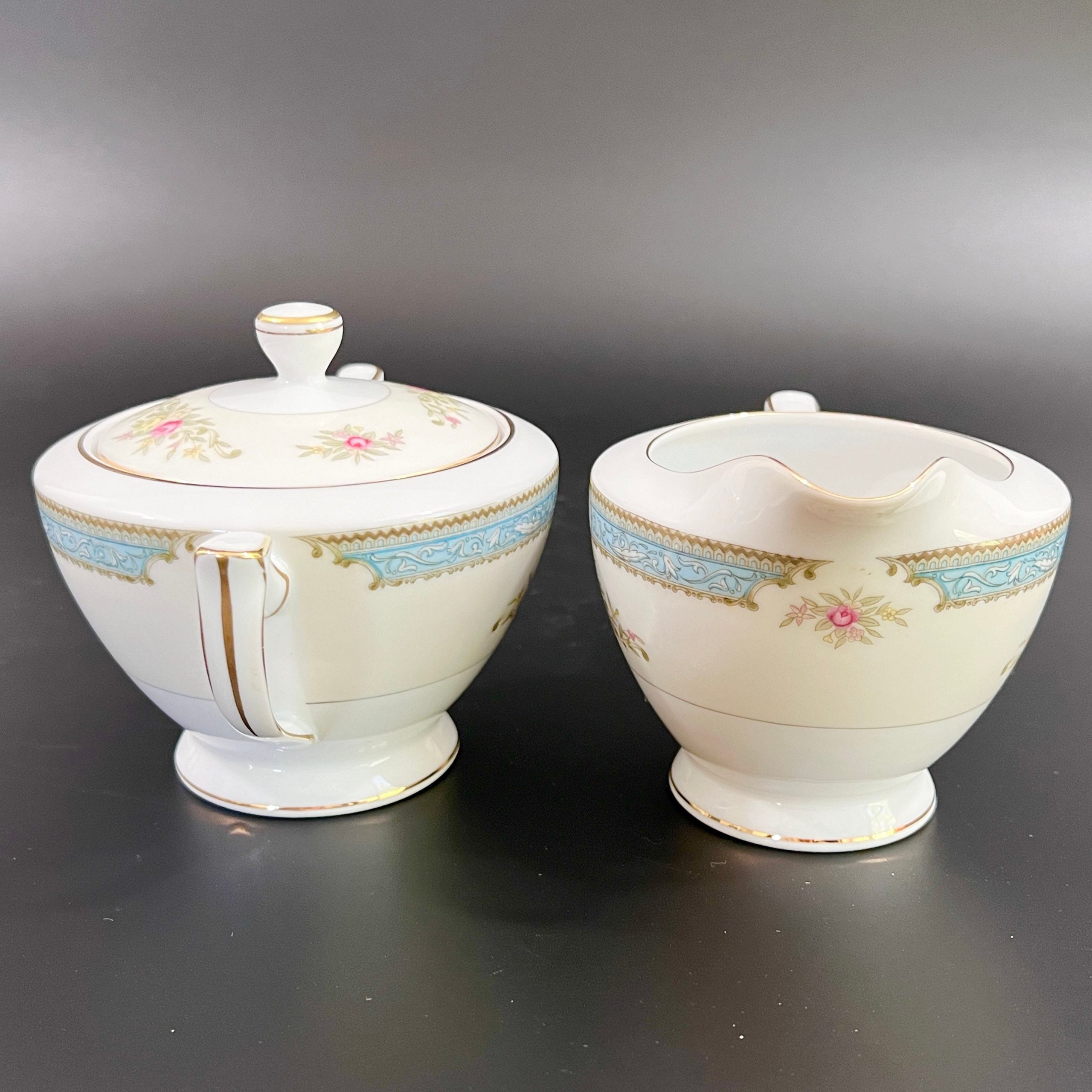 Vintage Mikado Sugar Bowl and Creamer Set: Lyric Blue Floral Porcelain - Image 3