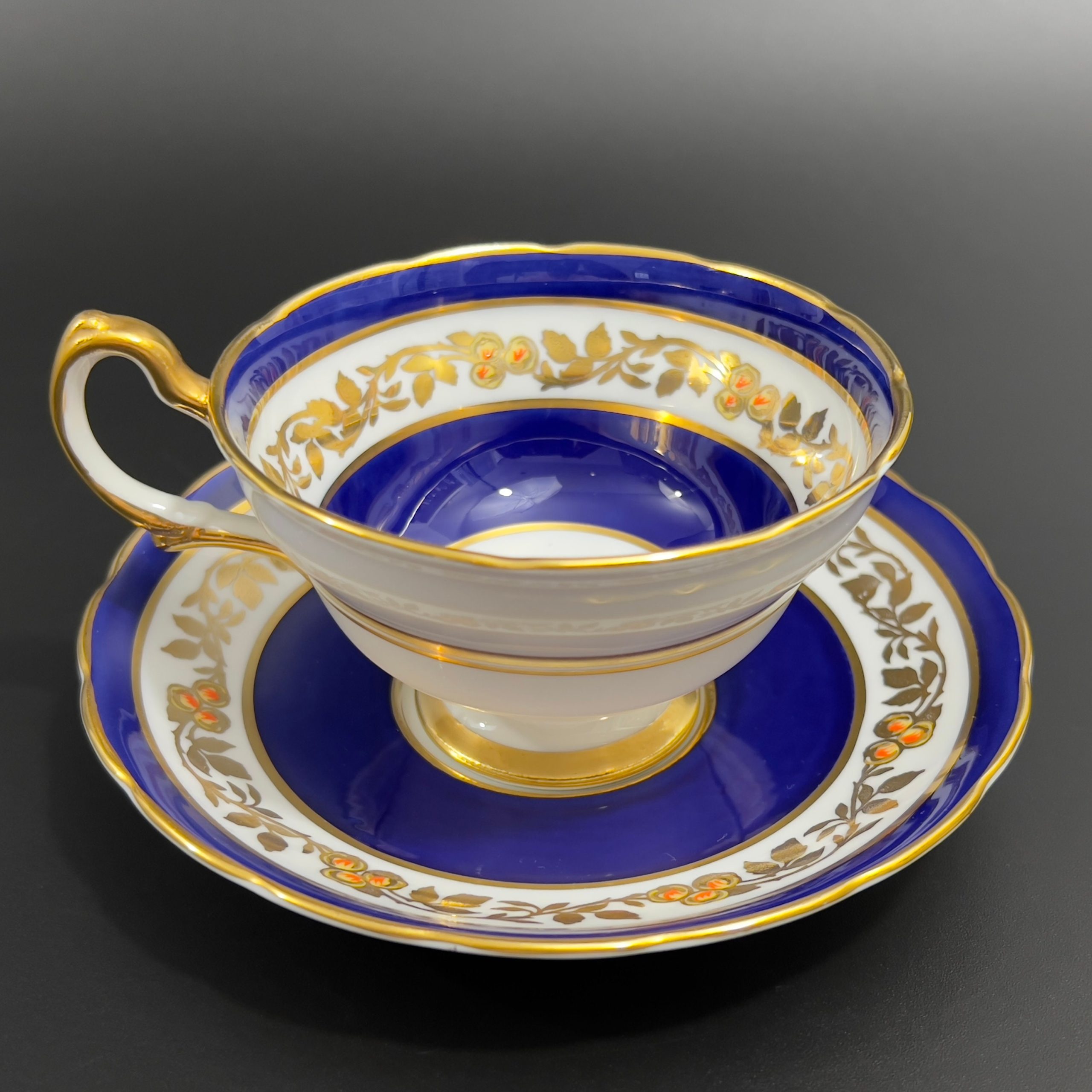 Vintage Woodward Grosvenor Tea Cup and Saucer: 1940s Bone China, Cobalt Blue, Gold Trim