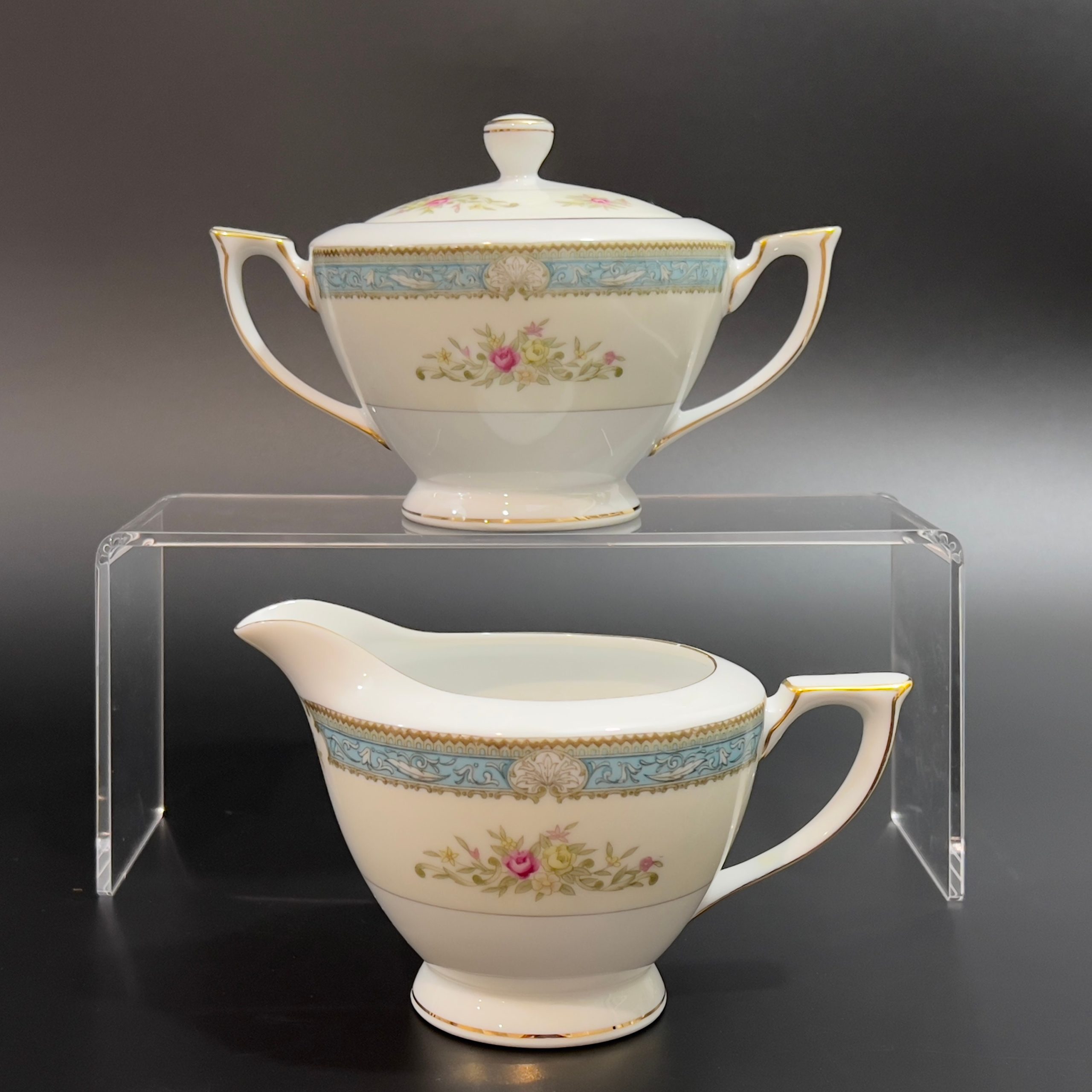 Vintage Mikado Sugar Bowl and Creamer Set: Lyric Blue Floral Porcelain