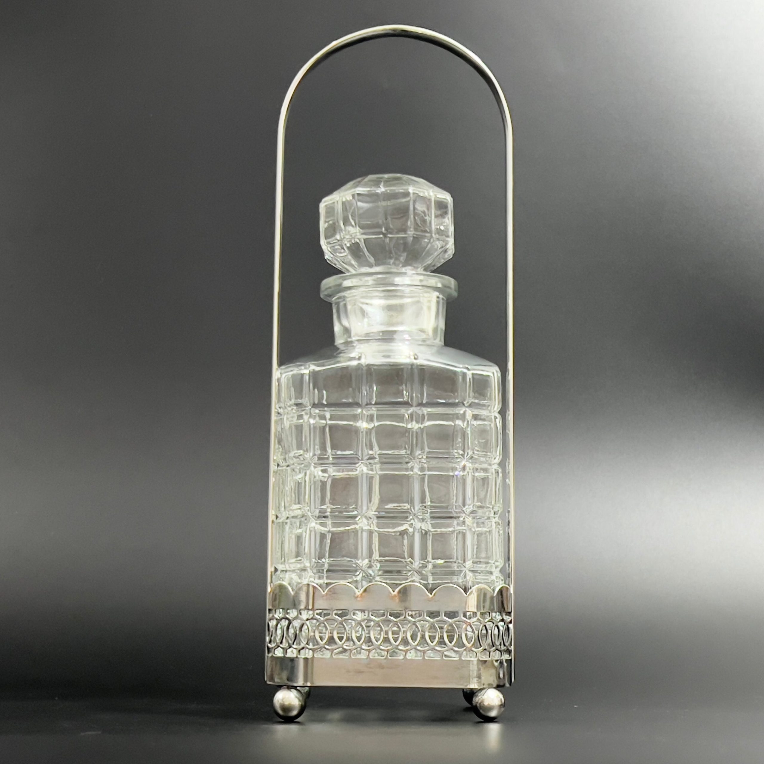 Vintage Art Deco Decanter with Silver Plate Caddy: Square Glass Barware - Image 3