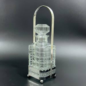 Vintage Art Deco Decanter with Silver Plate Caddy: Square Glass Barware