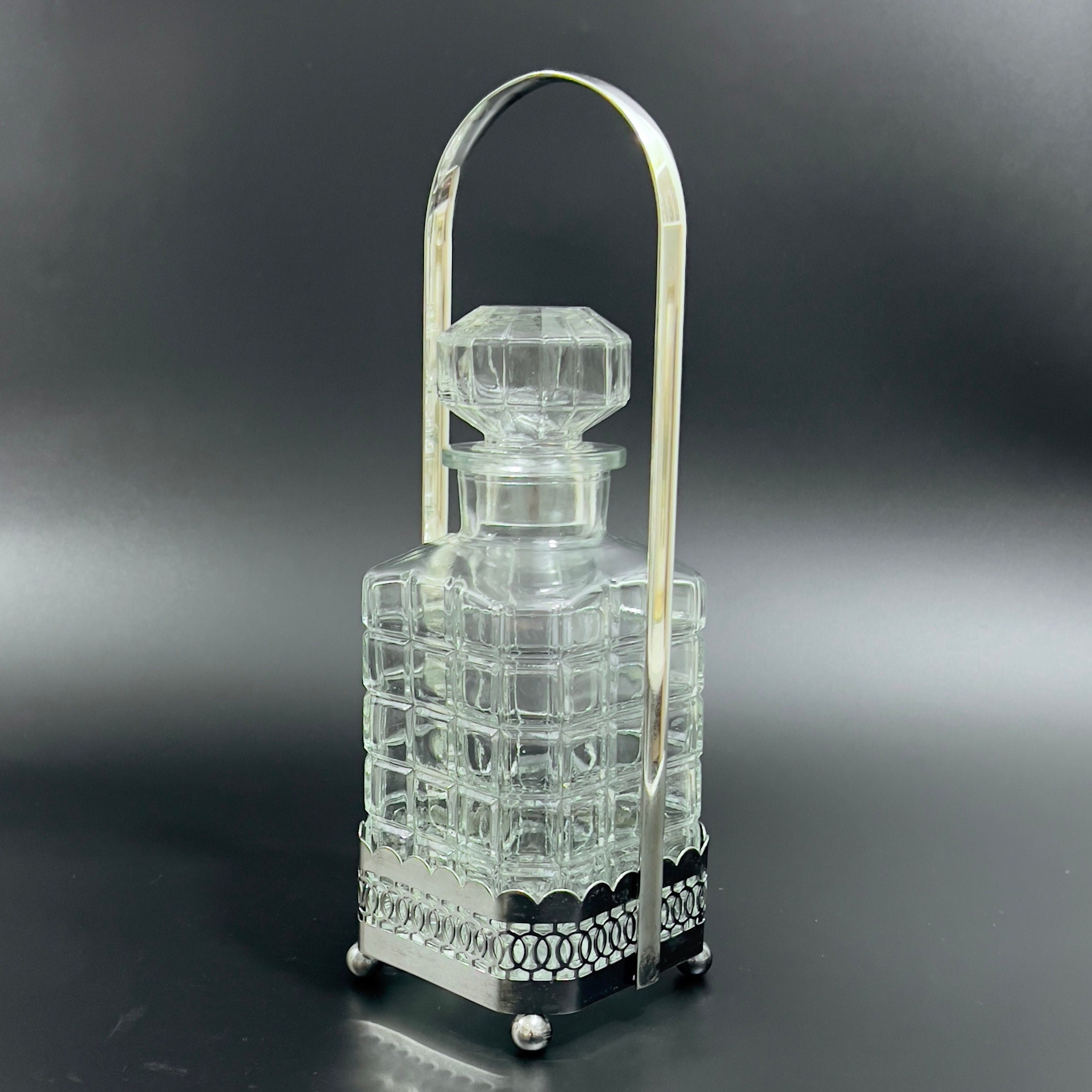 Vintage Art Deco Decanter with Silver Plate Caddy: Square Glass Barware