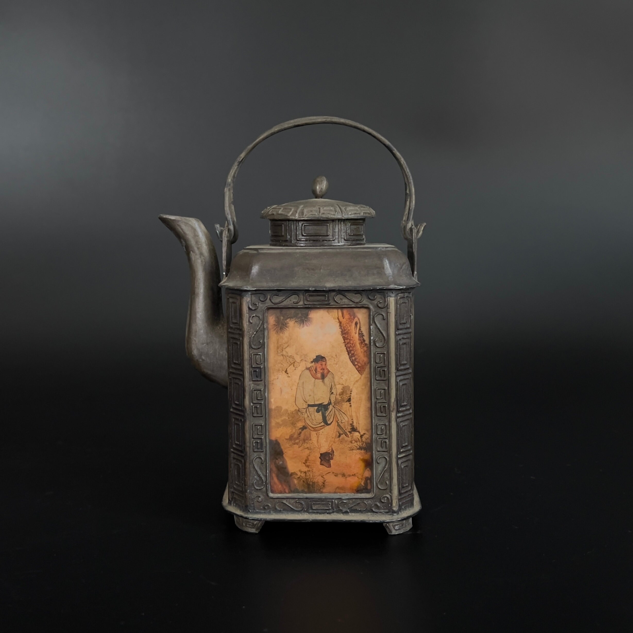 Antique Shantou Pewter Teapot: Chinese Eglomise Painted Glass - Image 3