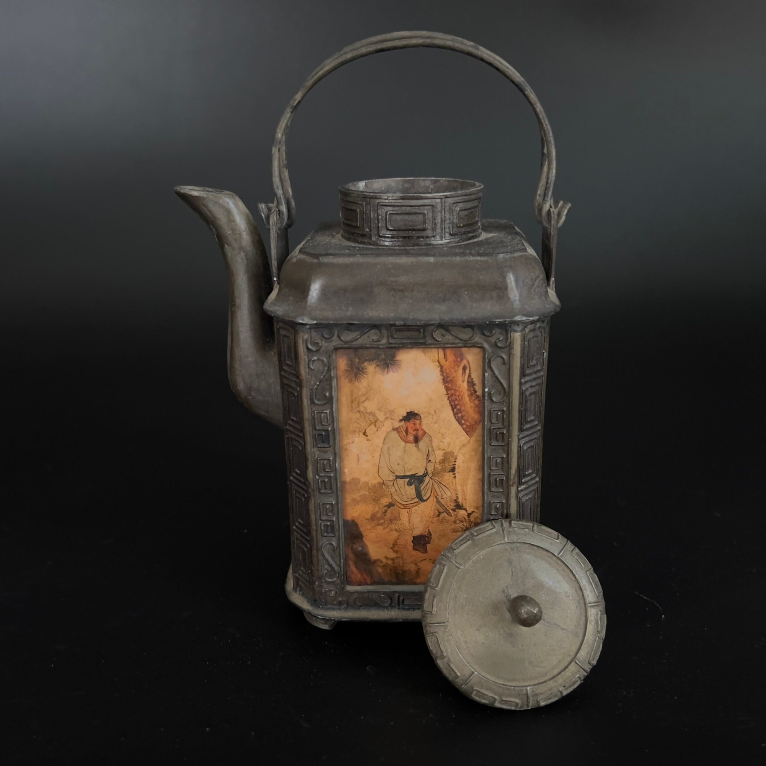 Antique Shantou Pewter Teapot: Chinese Eglomise Painted Glass - Image 7