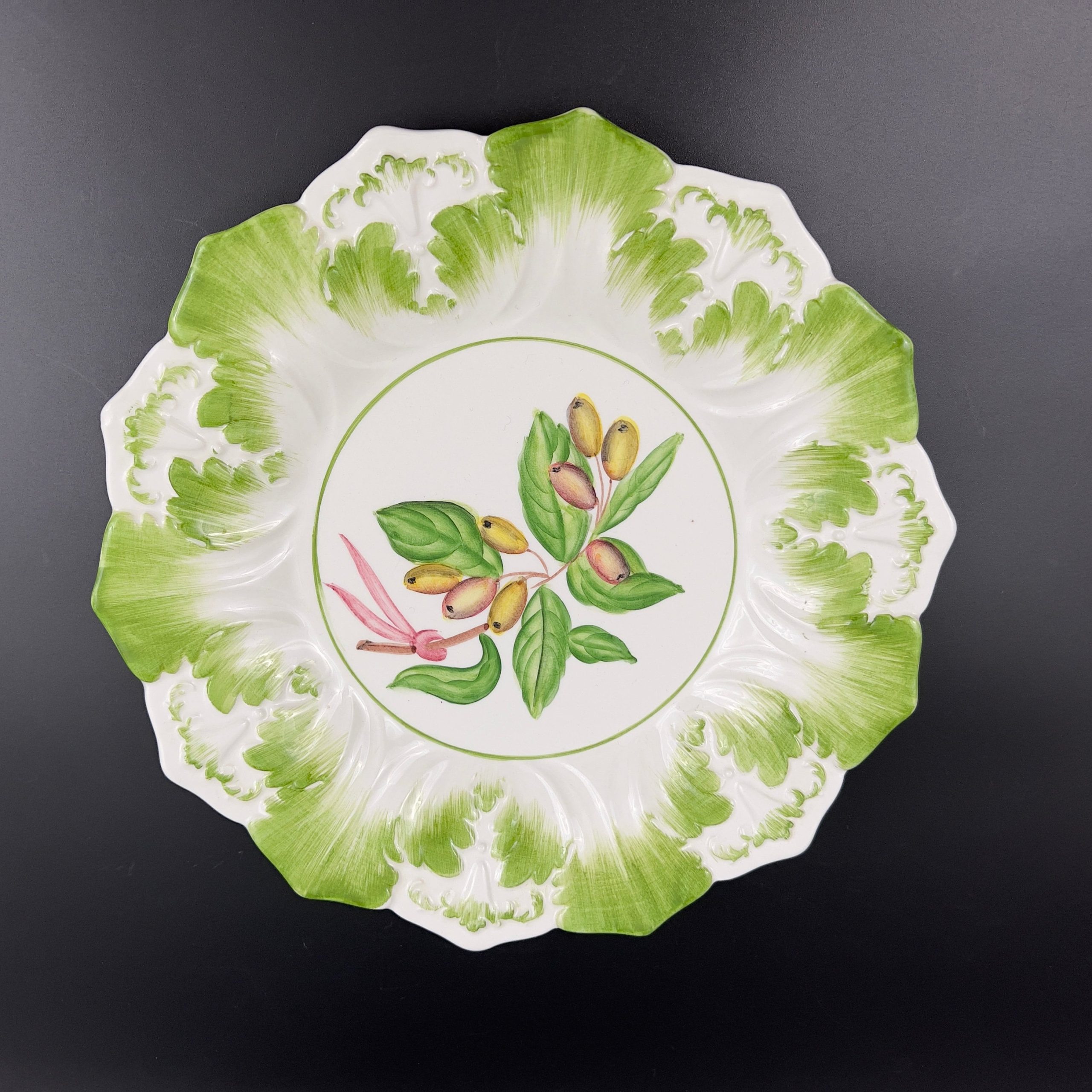 Vintage The Mane Lion Plate: Hand-Painted Majolica Olive Branch Accent Plate