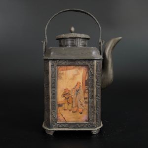 Antique Shantou Pewter Teapot: Chinese Eglomise Painted Glass