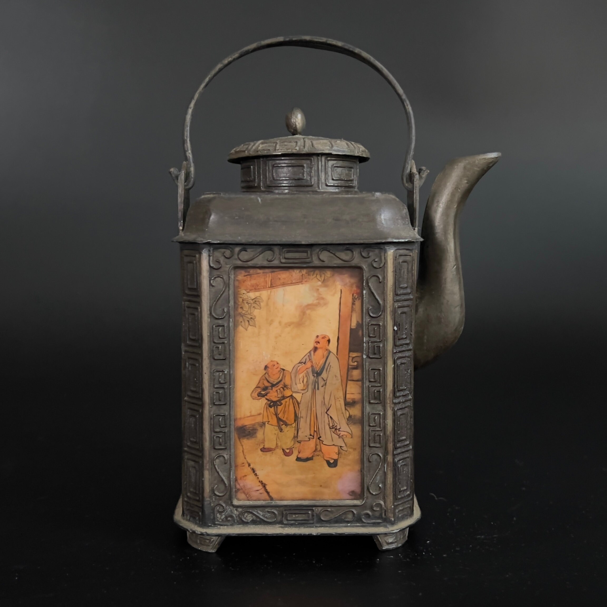 Antique Shantou Pewter Teapot: Chinese Eglomise Painted Glass
