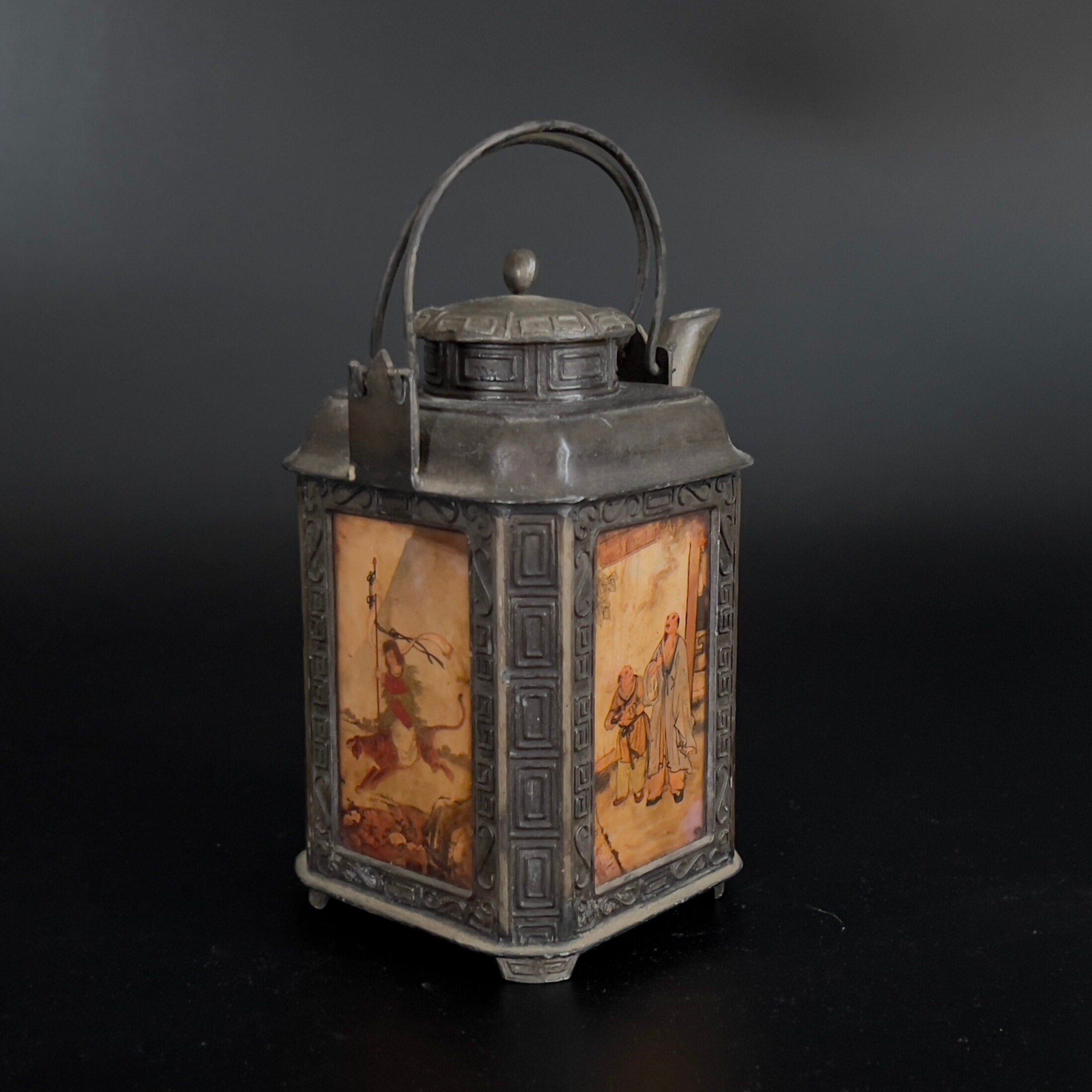 Antique Shantou Pewter Teapot: Chinese Eglomise Painted Glass - Image 5