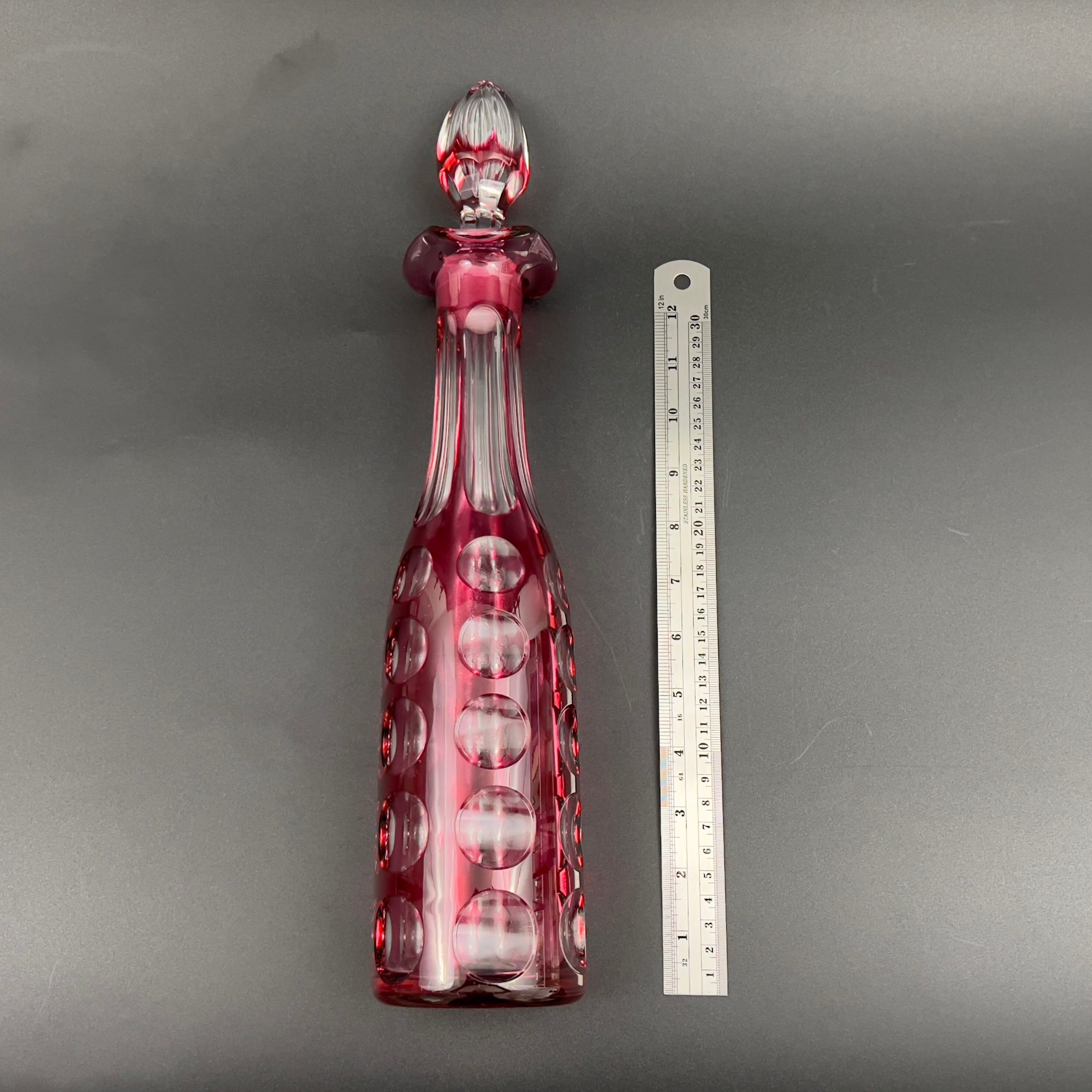 Antique Bohemian Cranberry Glass Decanter: Cut to Clear Coin Dot Design - Image 10