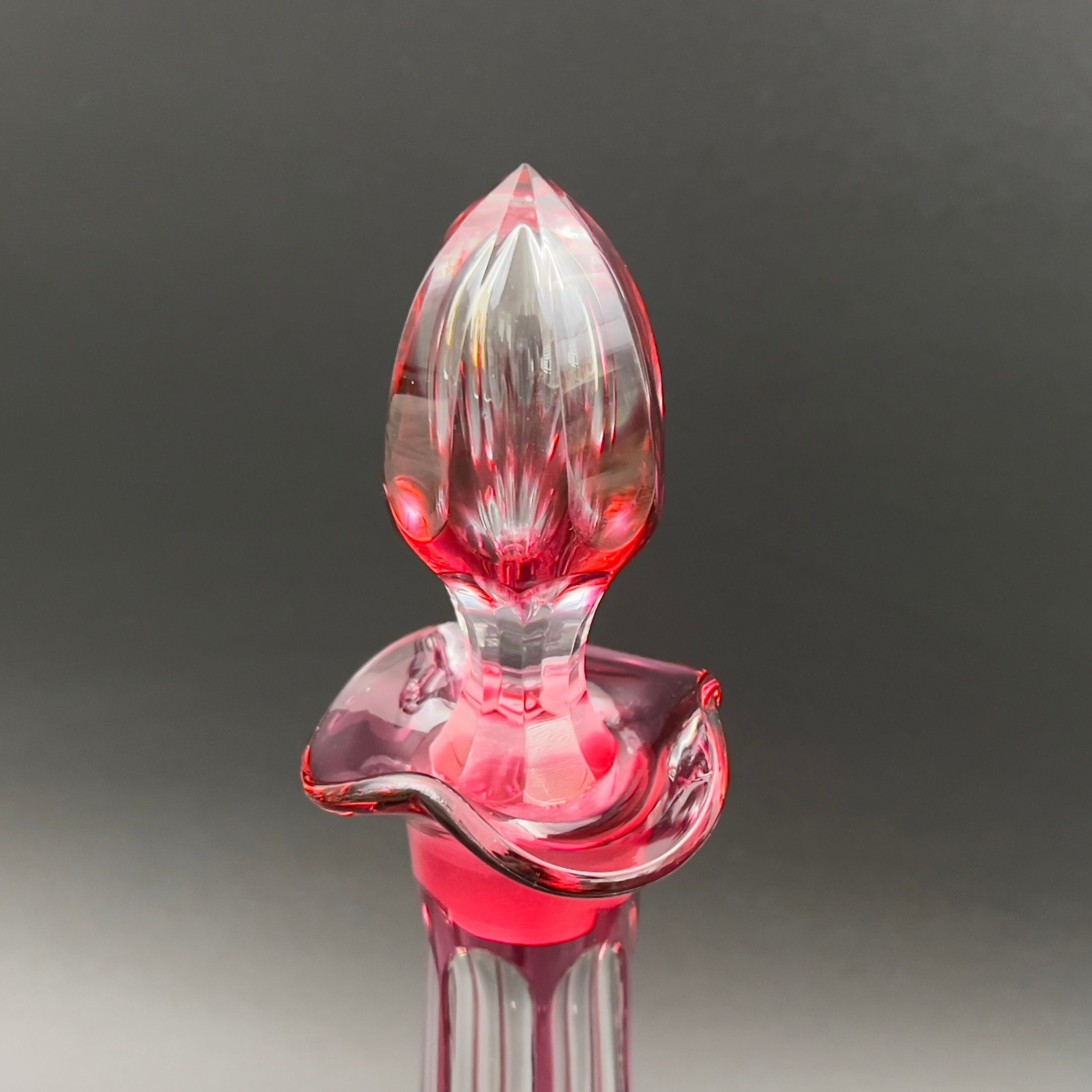 Antique Bohemian Cranberry Glass Decanter: Cut to Clear Coin Dot Design - Image 5