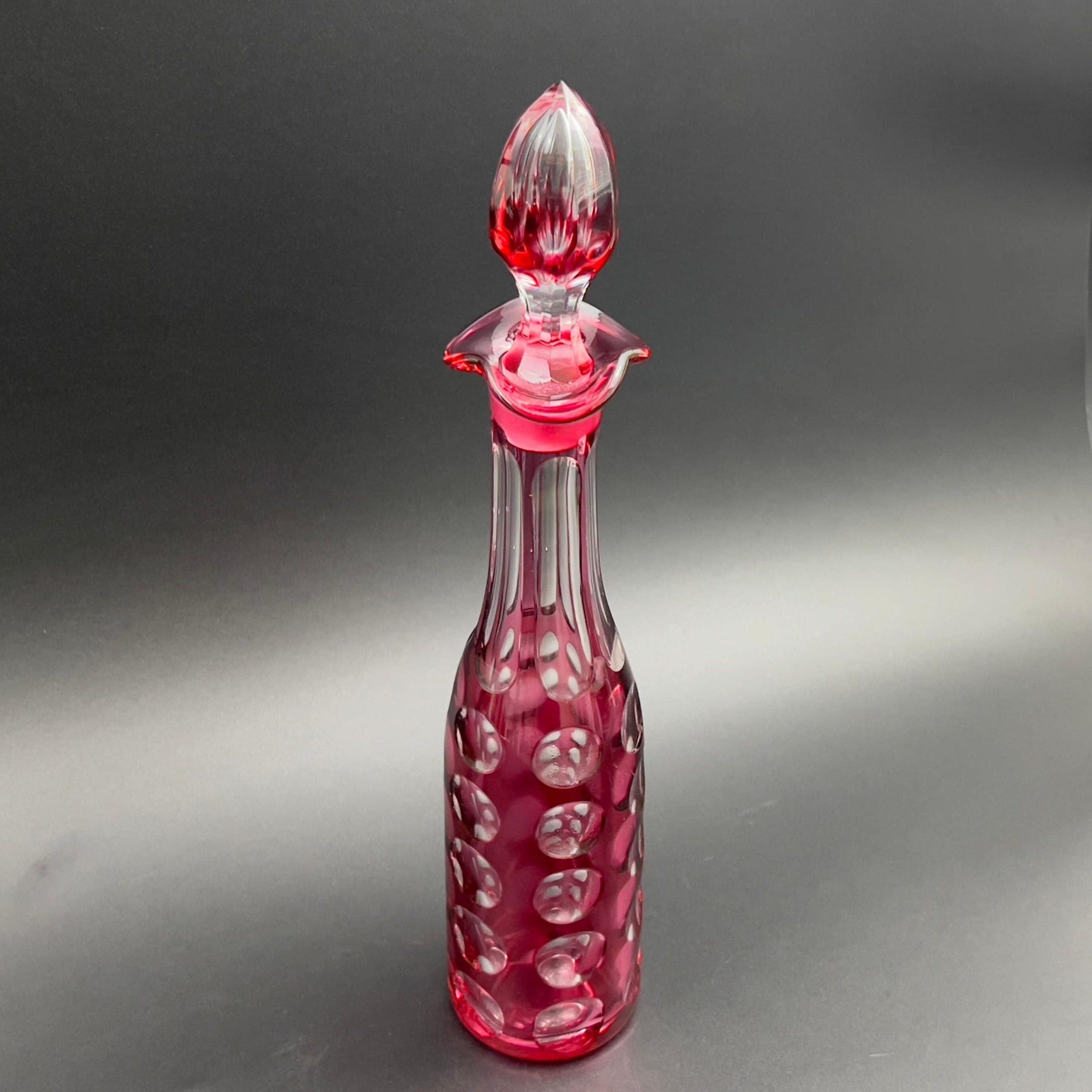 Antique Bohemian Cranberry Glass Decanter: Cut to Clear Coin Dot Design