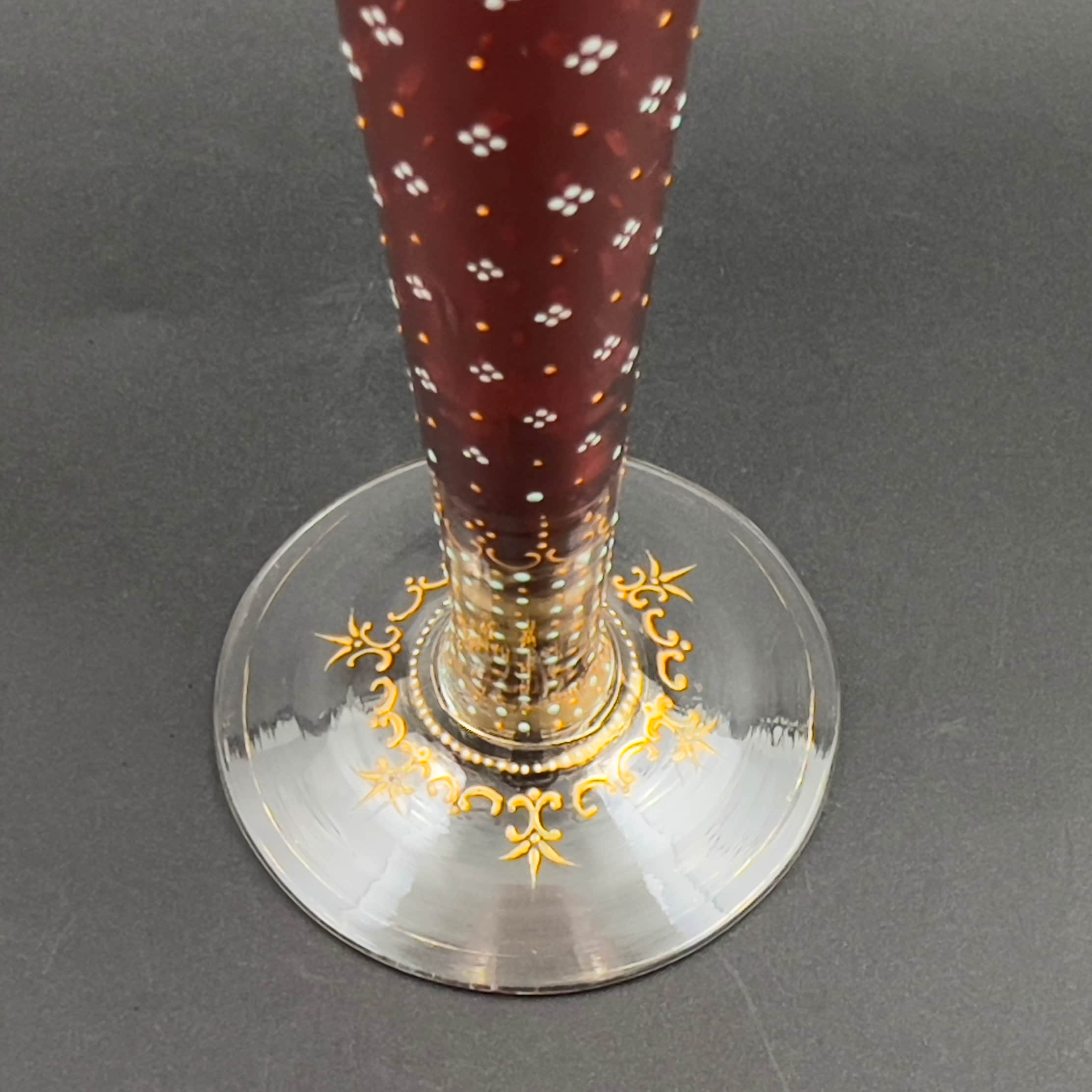 Antique Moser Cranberry Glass Trumpet Vase: Bohemian Gold Enamel, 14 inch - Image 6