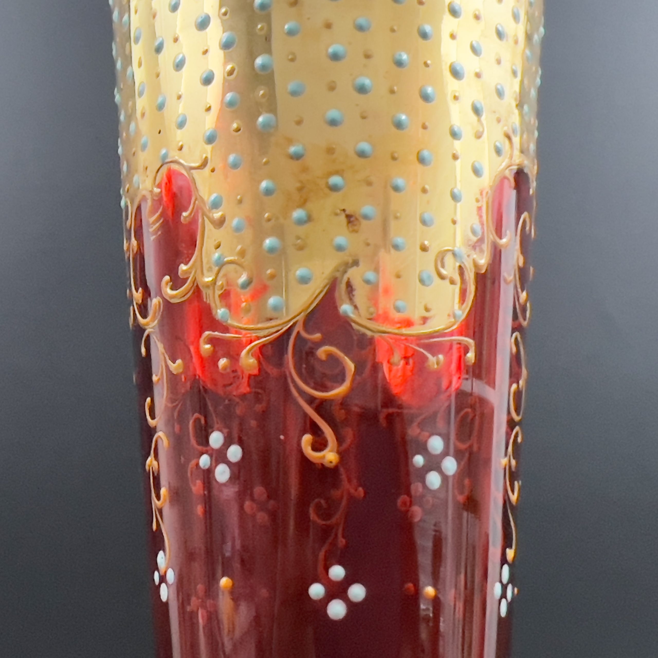 Antique Moser Cranberry Glass Trumpet Vase: Bohemian Gold Enamel, 14 inch - Image 8