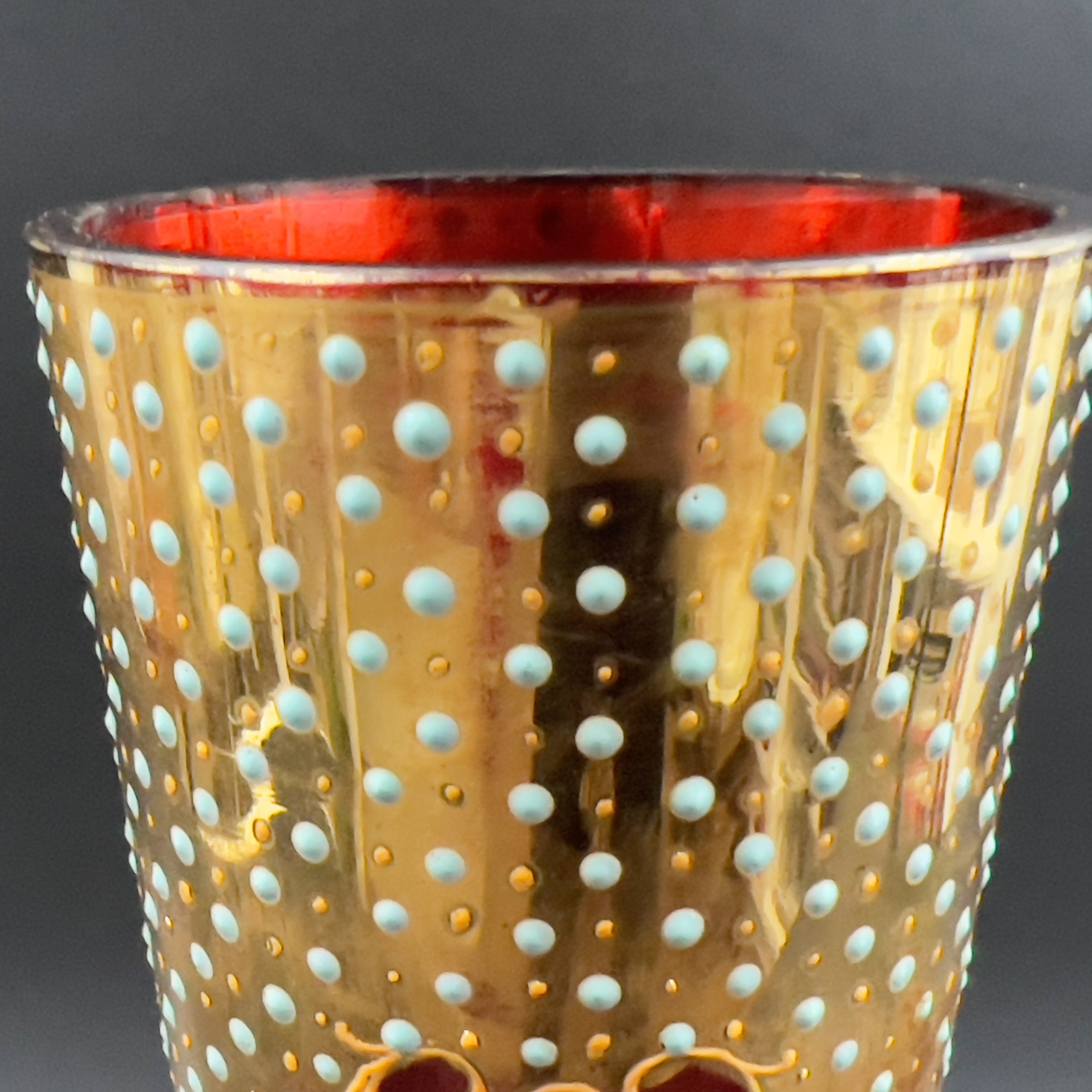 Antique Moser Cranberry Glass Trumpet Vase: Bohemian Gold Enamel, 14 inch - Image 7