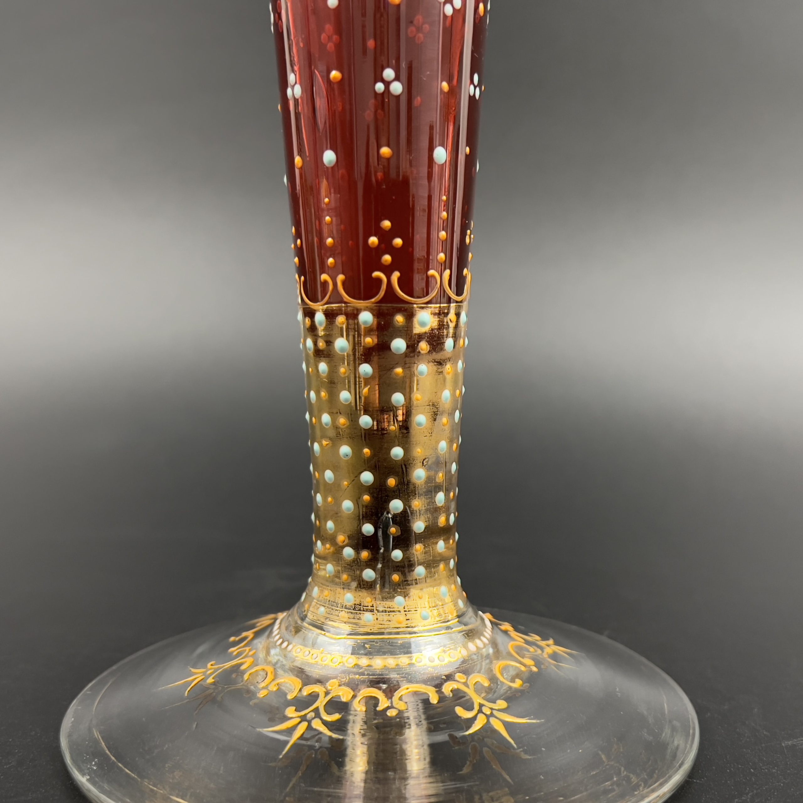 Antique Moser Cranberry Glass Trumpet Vase: Bohemian Gold Enamel, 14 inch - Image 9