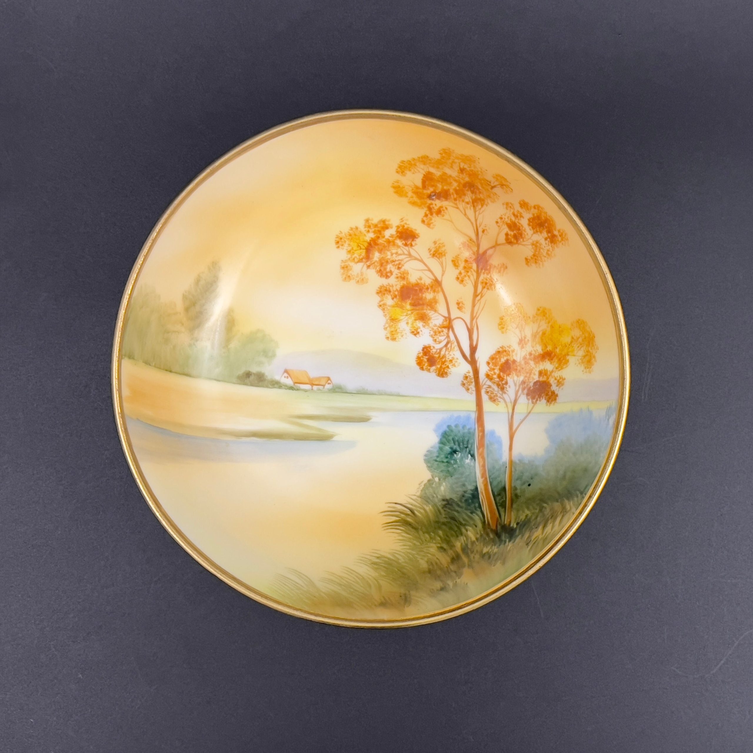 Antique Nippon Footed Bowl: Hand-Painted Landscape, Gold Gilt Rim - Image 3