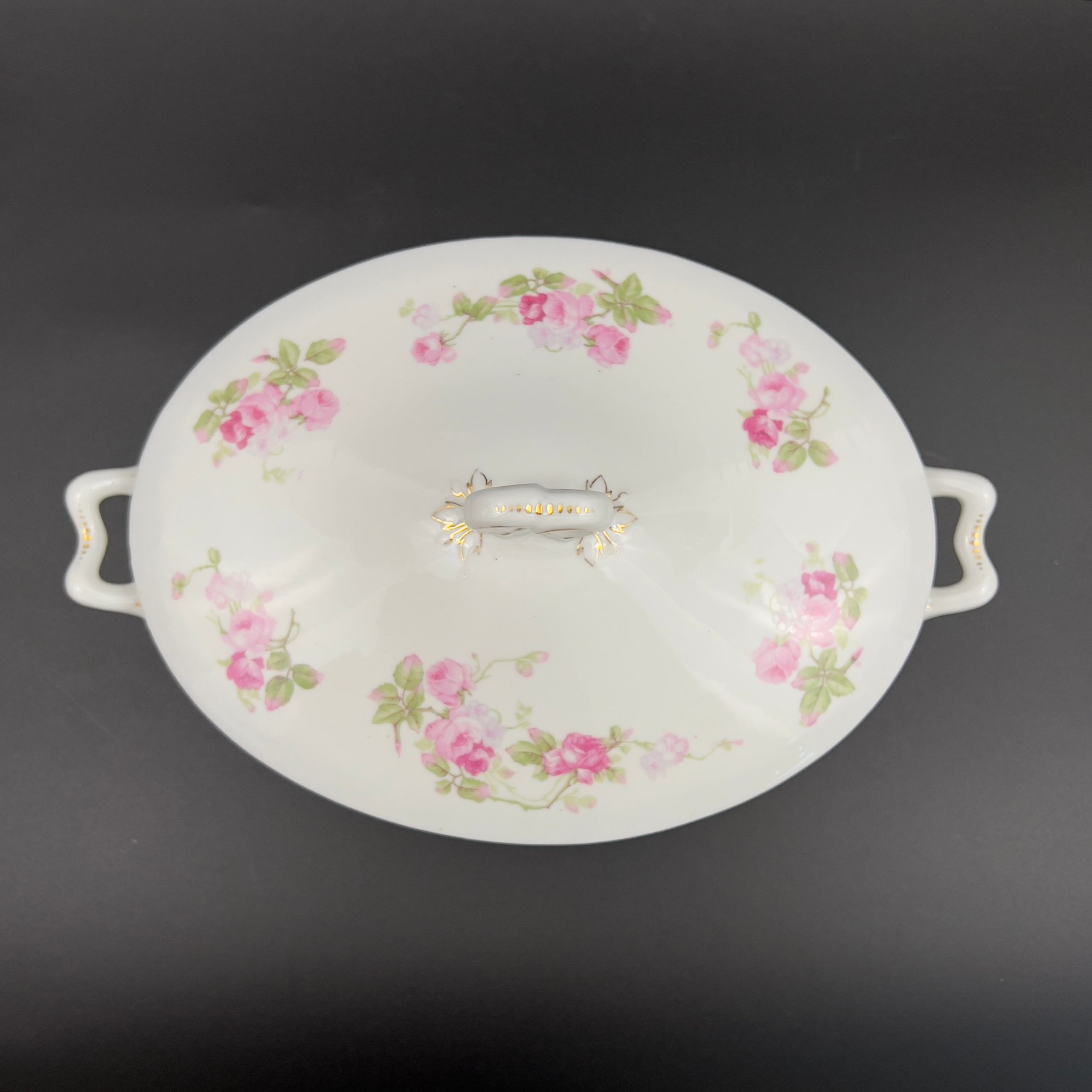 Antique Hanusch & Bernhardt Porcelain Tureen: 1910s Pink Roses Serving Dish - Image 4