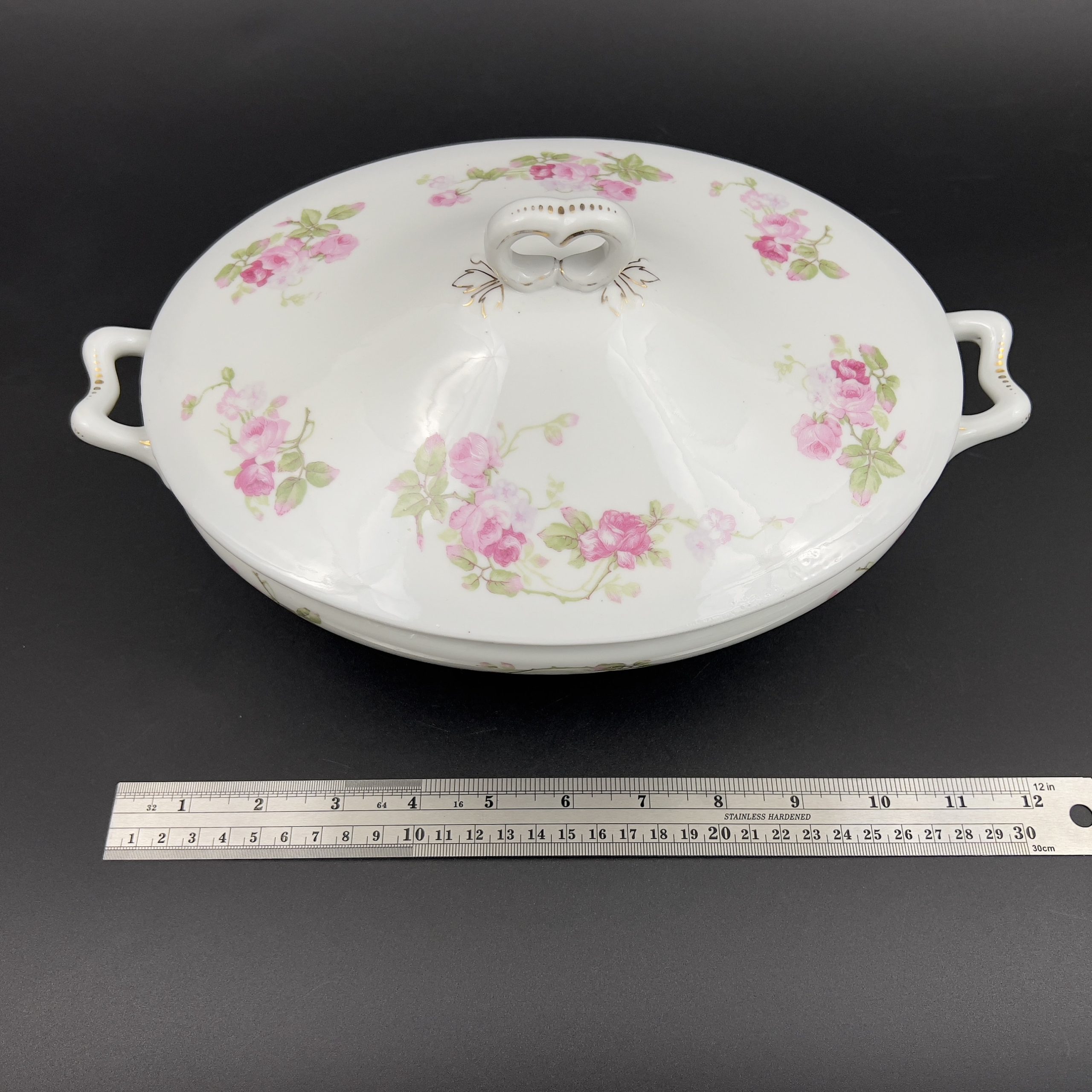 Antique Hanusch & Bernhardt Porcelain Tureen: 1910s Pink Roses Serving Dish - Image 10
