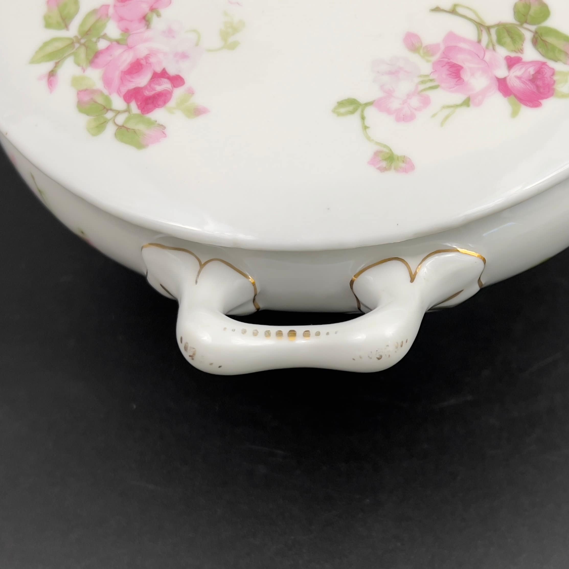 Antique Hanusch & Bernhardt Porcelain Tureen: 1910s Pink Roses Serving Dish - Image 7
