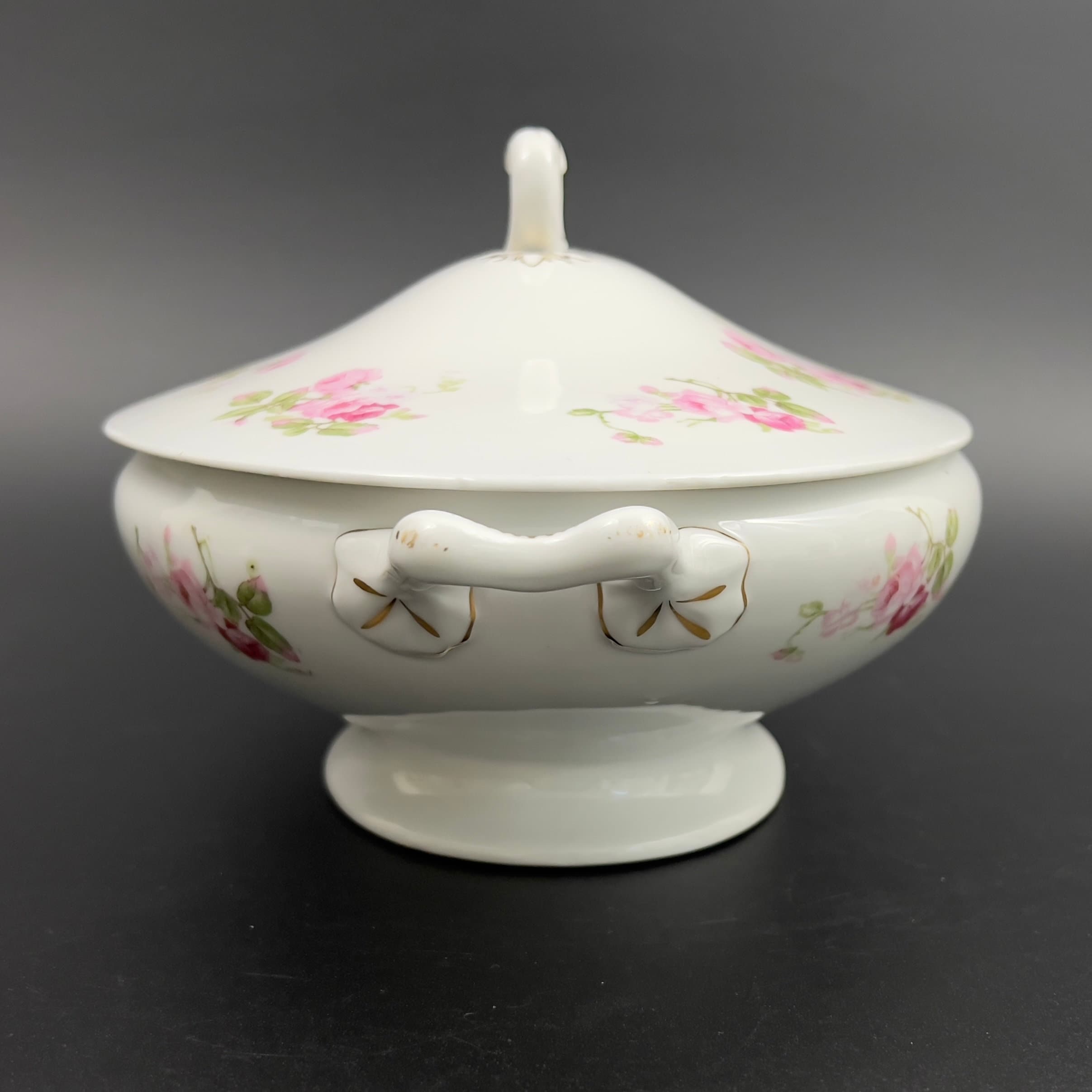 Antique Hanusch & Bernhardt Porcelain Tureen: 1910s Pink Roses Serving Dish - Image 5