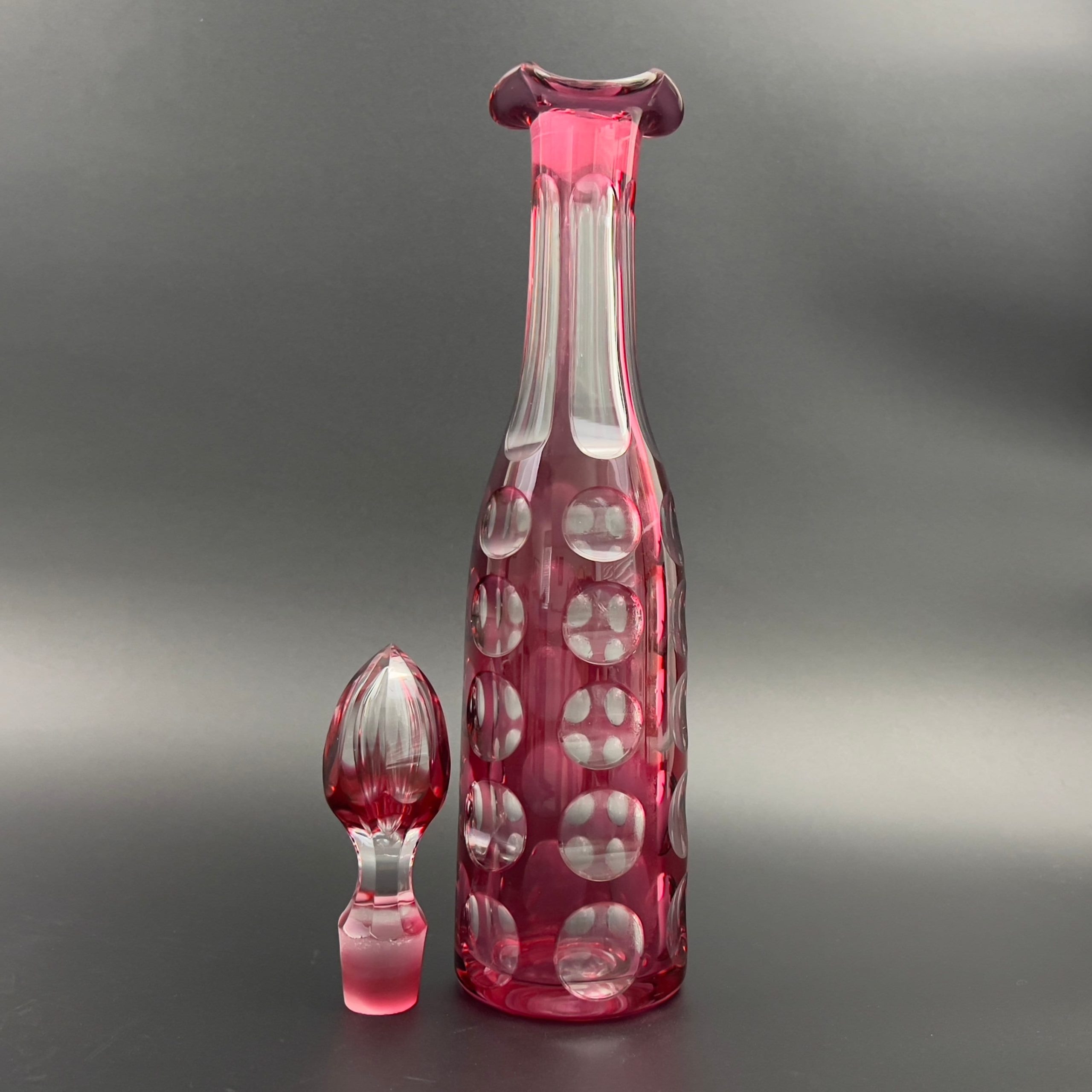 Antique Bohemian Cranberry Glass Decanter: Cut to Clear Coin Dot Design - Image 7