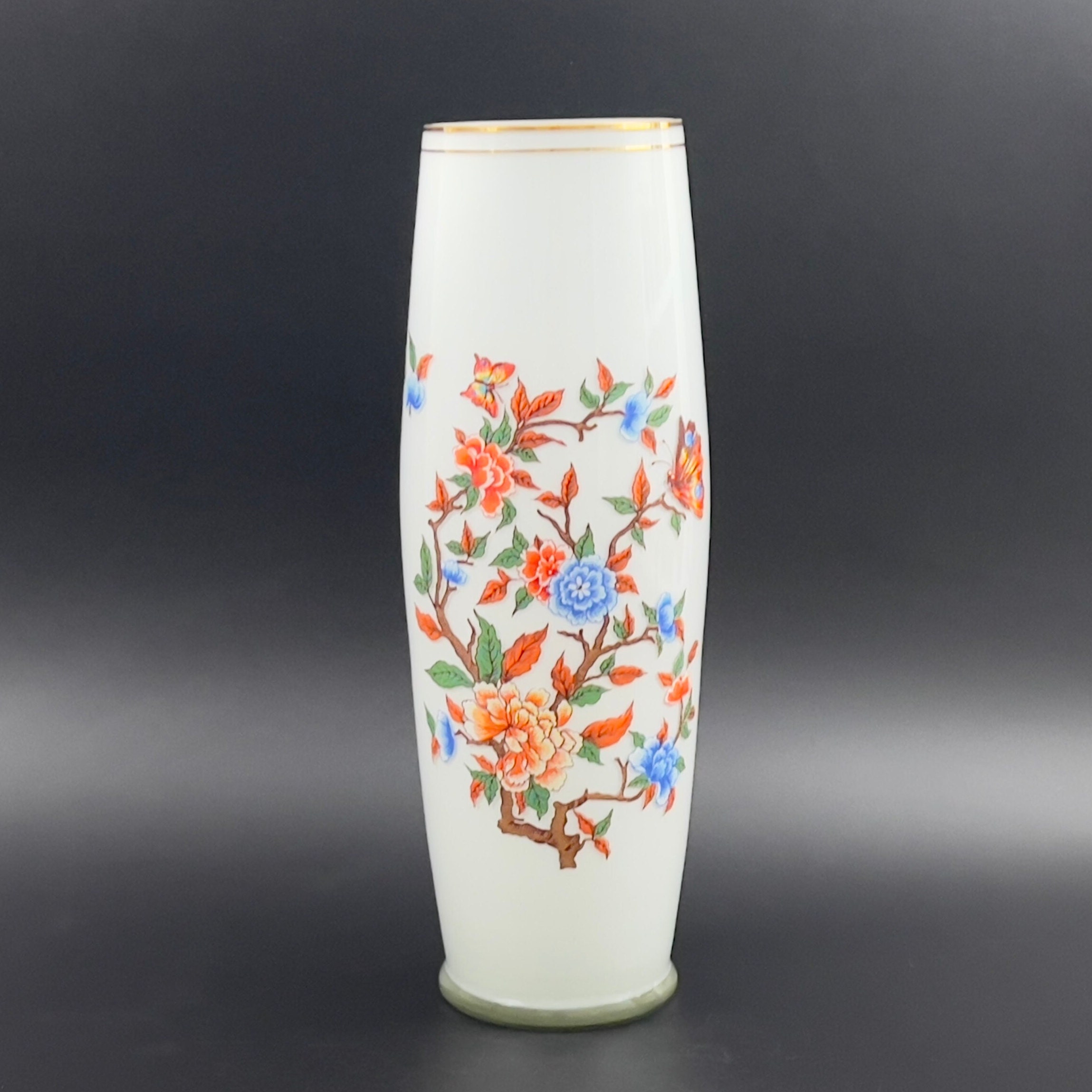 Vintage UCGC Opaline Glass Vase: Floral Butterfly Design, Gold Gilt Accent - Image 3