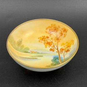 Antique Nippon Footed Bowl: Hand-Painted Landscape, Gold Gilt Rim