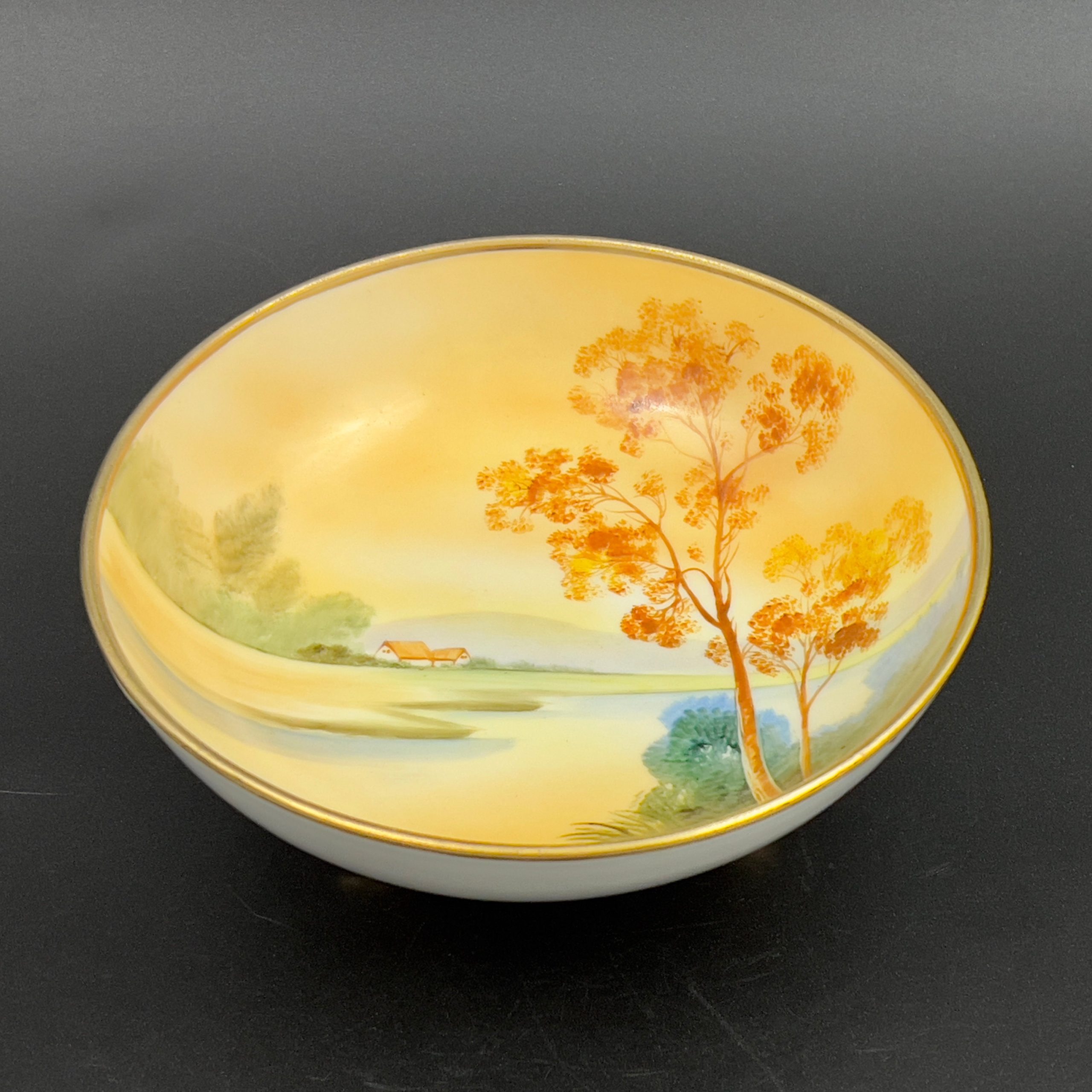 Antique Nippon Footed Bowl: Hand-Painted Landscape, Gold Gilt Rim