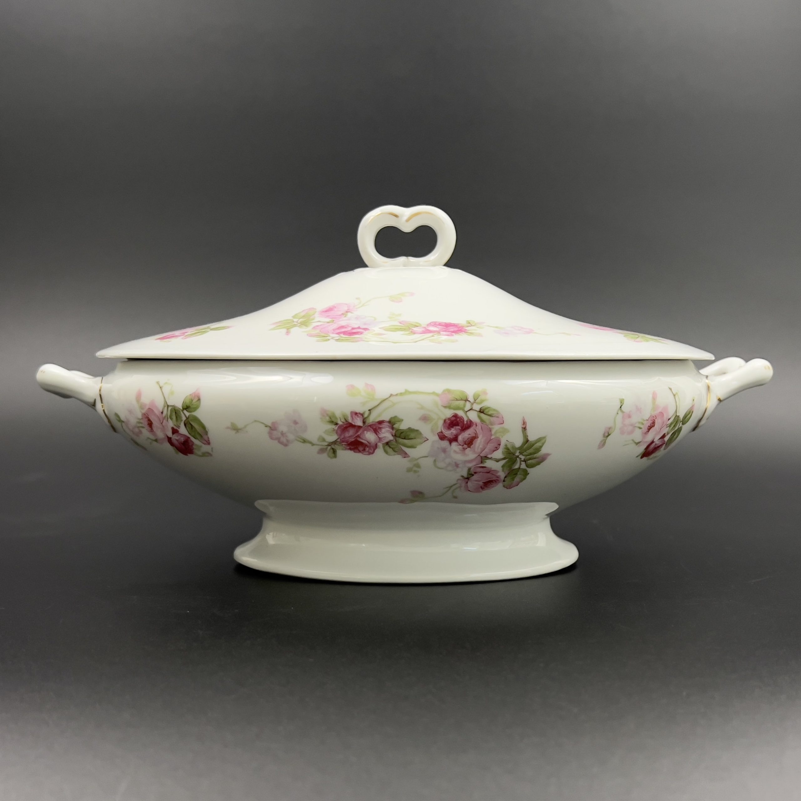 Antique Hanusch & Bernhardt Porcelain Tureen: 1910s Pink Roses Serving Dish - Image 3