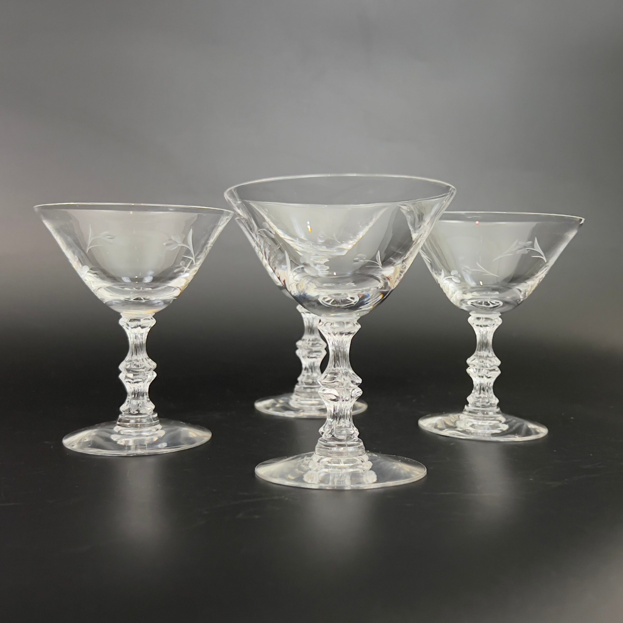 Vintage Duncan & Miller Champagne Coupes: Petite Pattern, Etched Floral Stem (Set of 4) - Image 9