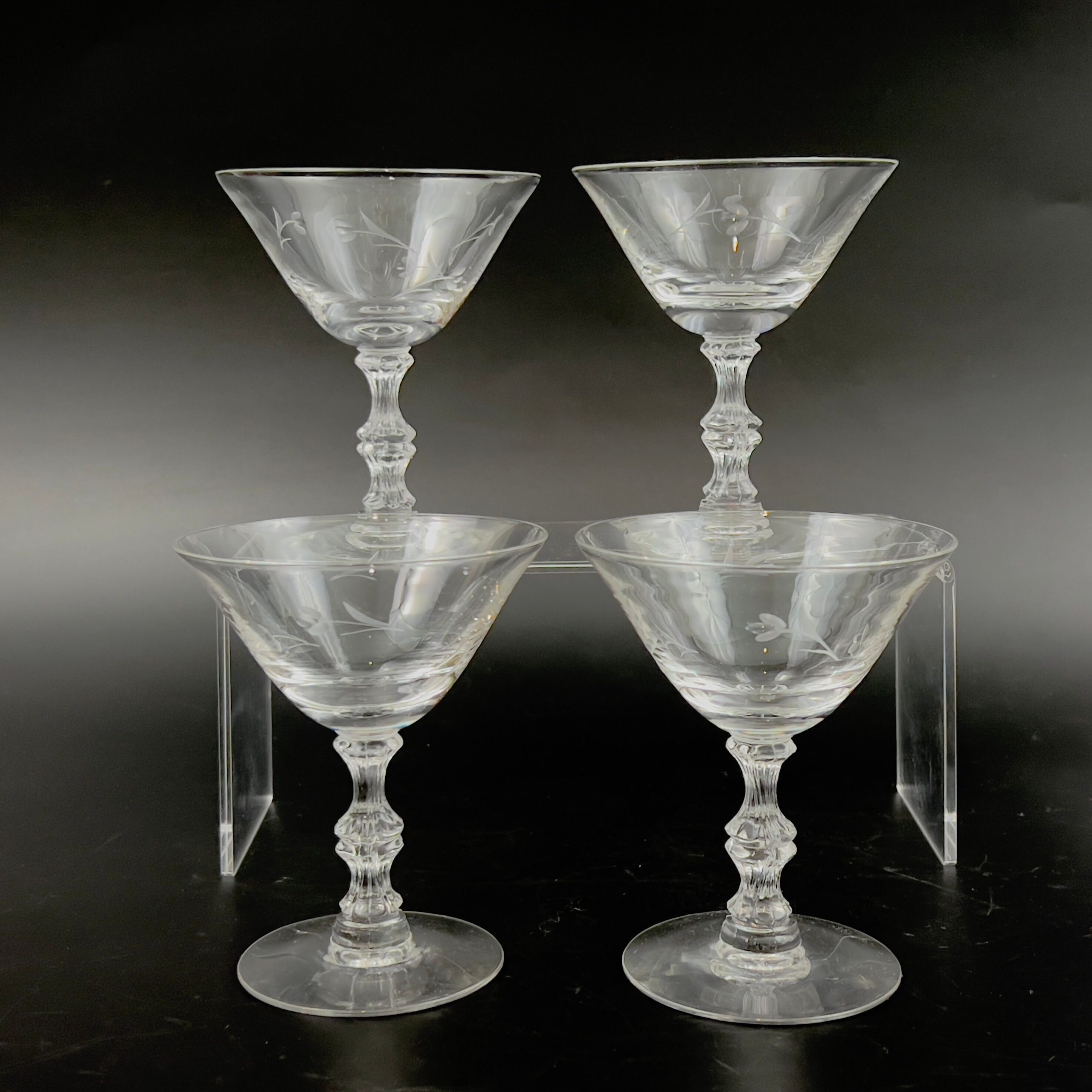 Vintage Duncan & Miller Champagne Coupes: Petite Pattern, Etched Floral Stem (Set of 4) - Image 7