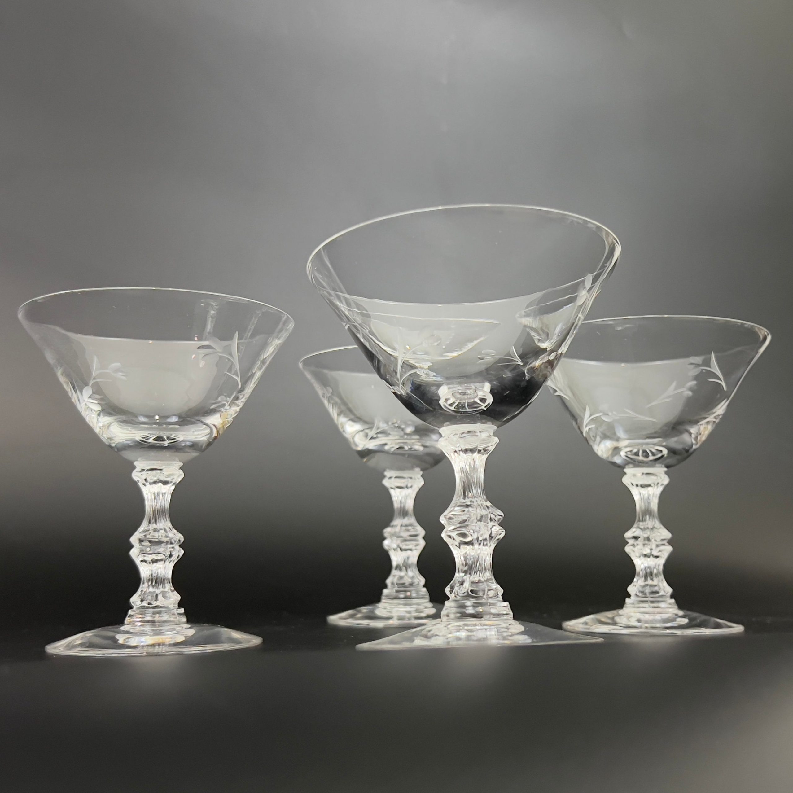 Vintage Duncan & Miller Champagne Coupes: Petite Pattern, Etched Floral Stem (Set of 4) - Image 10