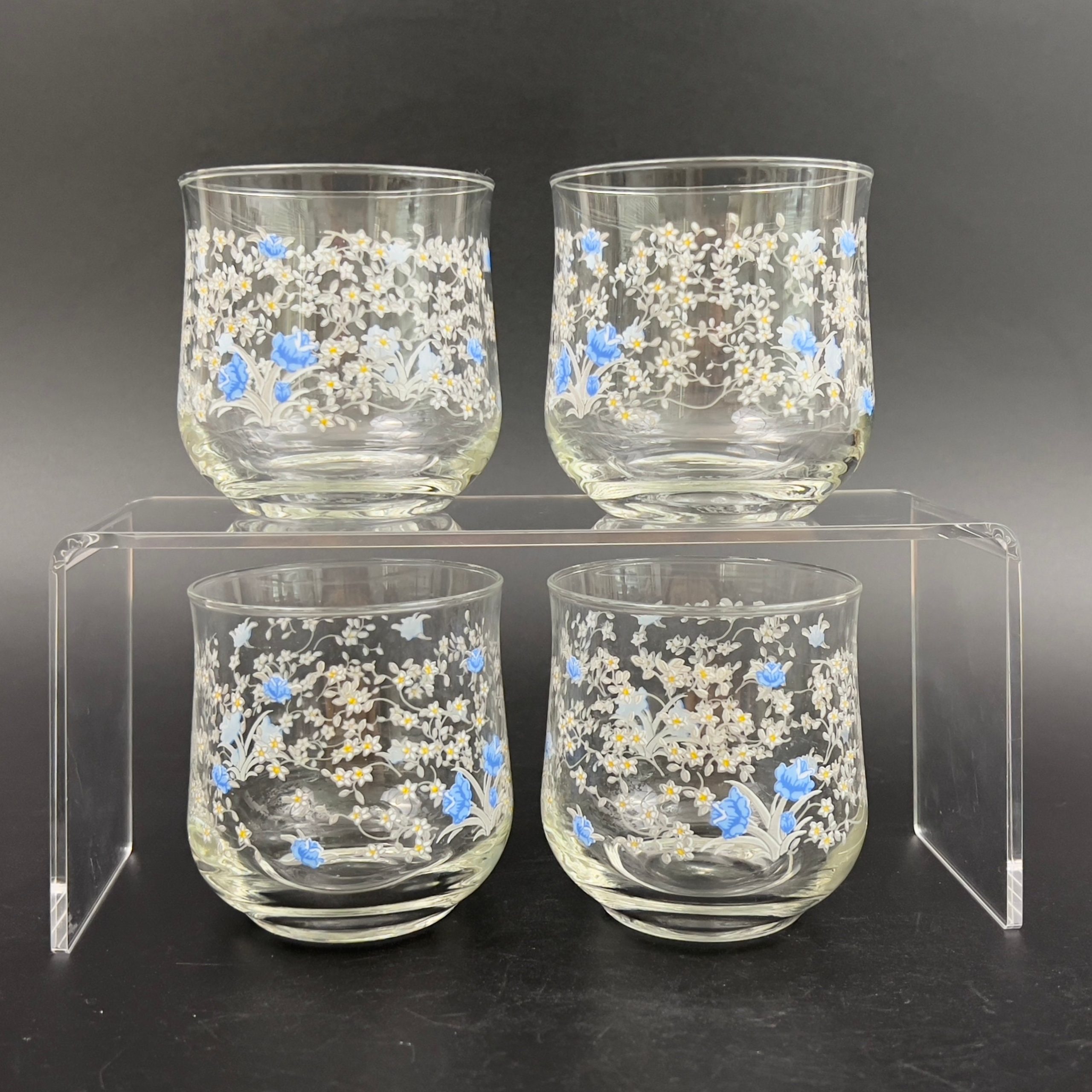 Vintage Arcopal France Old Fashioned Glasses: Blue Floral Romantique Pattern, Set of 4