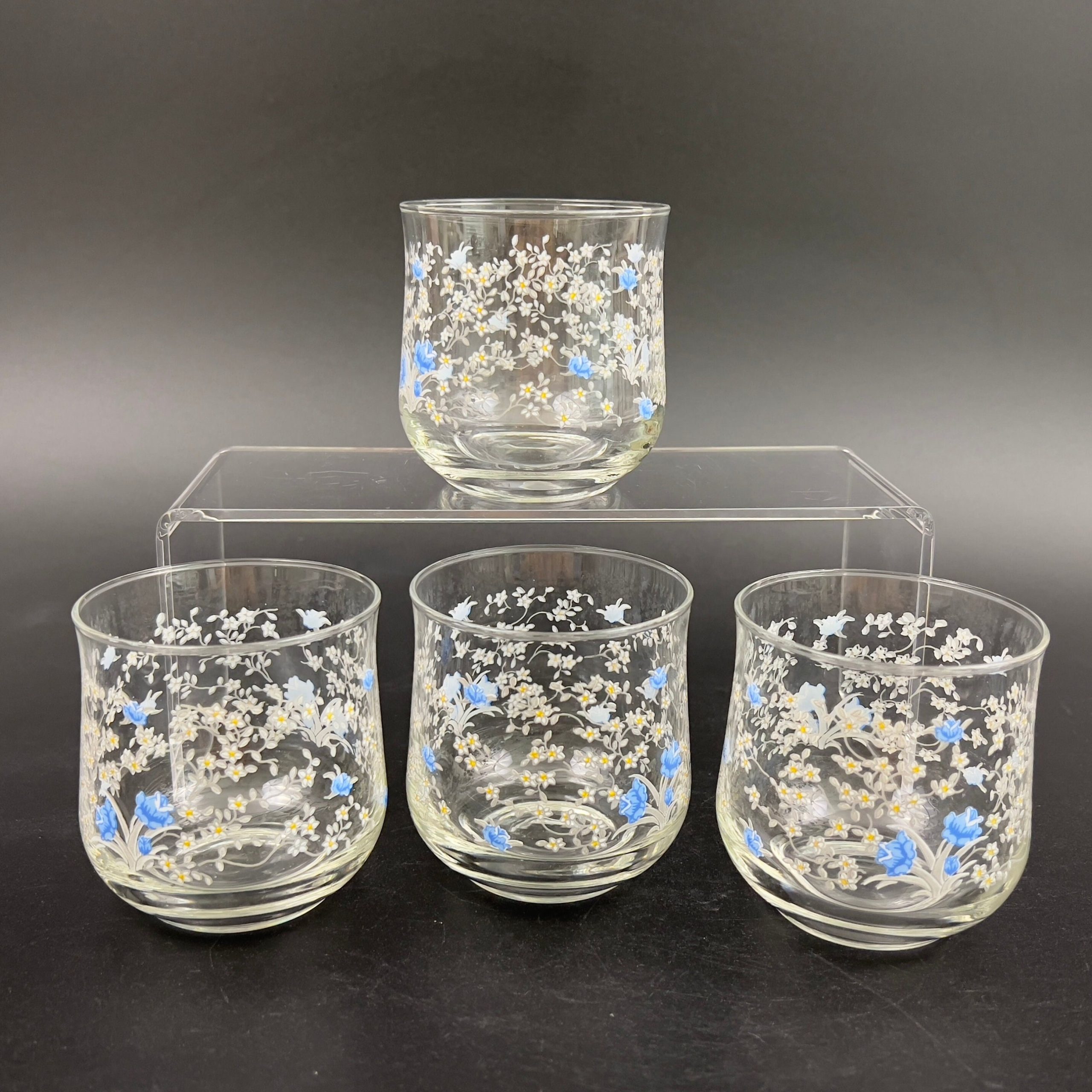 Vintage Arcopal France Old Fashioned Glasses: Blue Floral Romantique Pattern, Set of 4 - Image 3