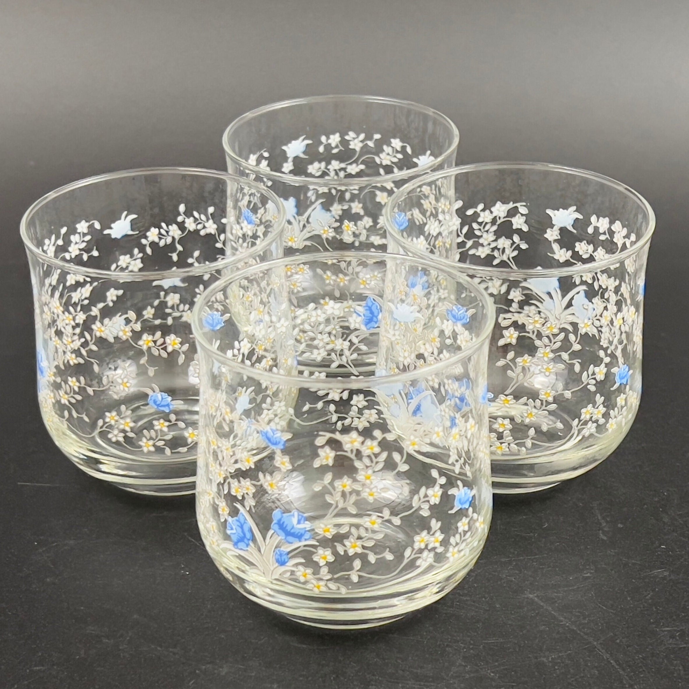 Vintage Arcopal France Old Fashioned Glasses: Blue Floral Romantique Pattern, Set of 4 - Image 5