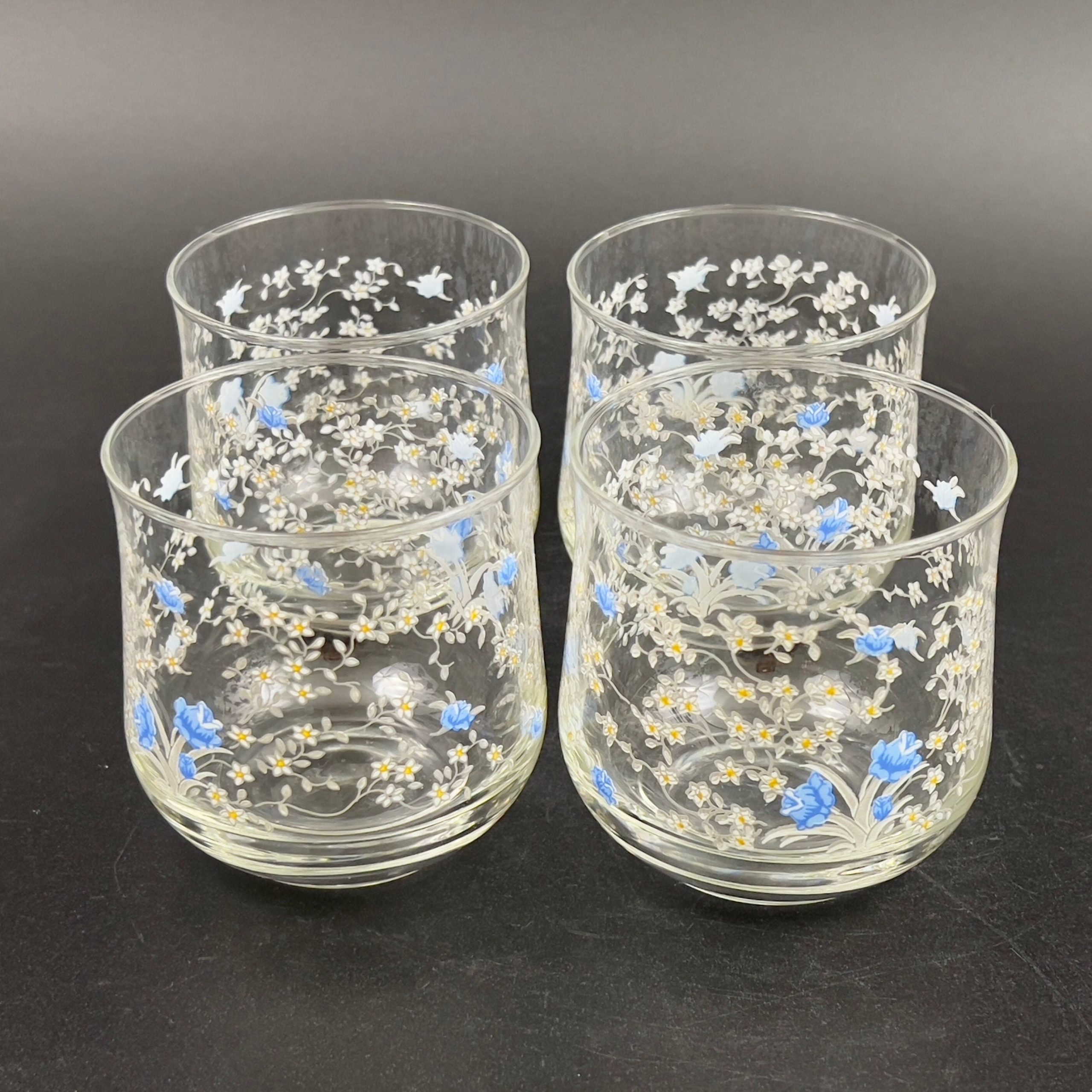 Vintage Arcopal France Old Fashioned Glasses: Blue Floral Romantique Pattern, Set of 4 - Image 6