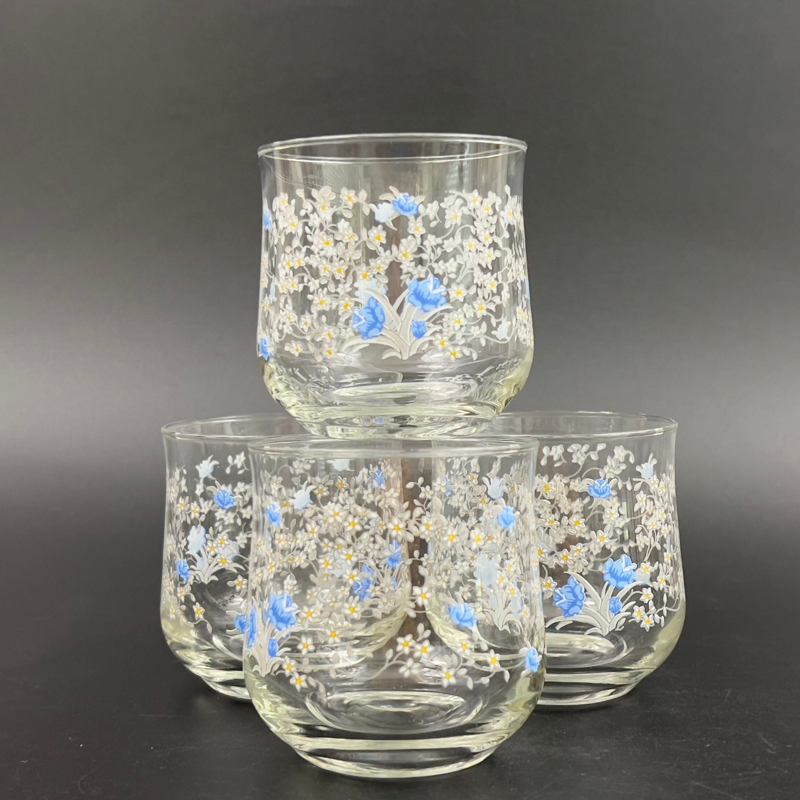 Vintage Arcopal France Old Fashioned Glasses: Blue Floral Romantique Pattern, Set of 4 - Image 7