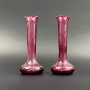 Vintage Cranberry Glass Bud Vase Set: Ruffled Top, 7 inch Pair